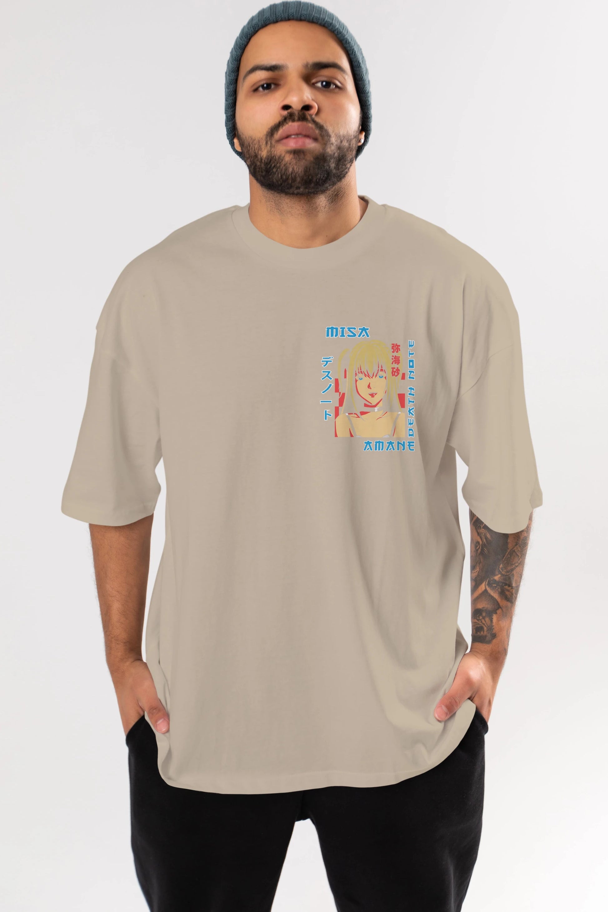 MISA-DEATH NOTE Ön Sol Baskılı Oversize t-shirt Erkek Kadın Unisex %100 Pamuk Bisiklet Yaka tişort