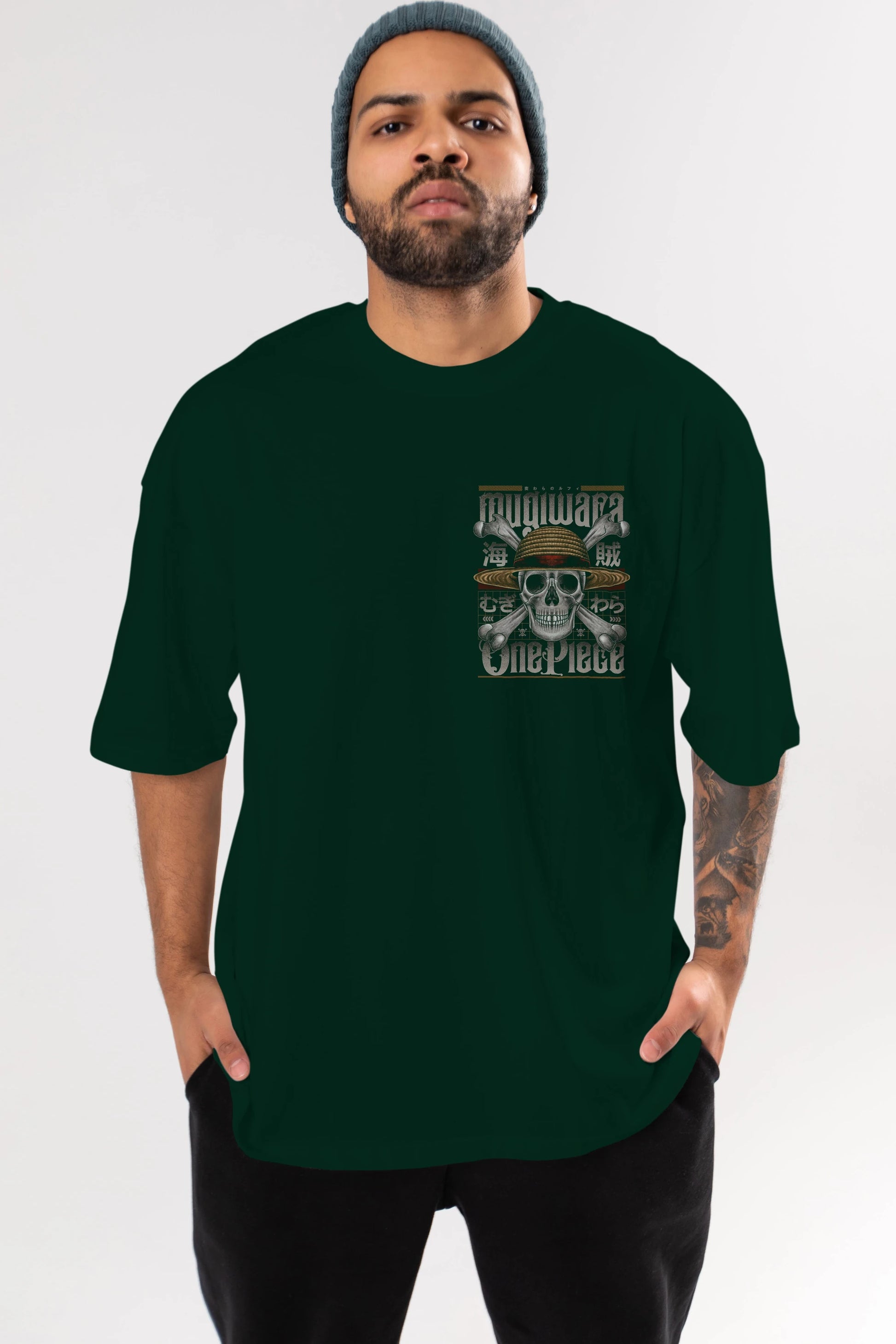 ONE PIECE (2) Ön Sol Baskılı Oversize t-shirt Erkek Kadın Unisex %100 Pamuk Bisiklet Yaka tişort