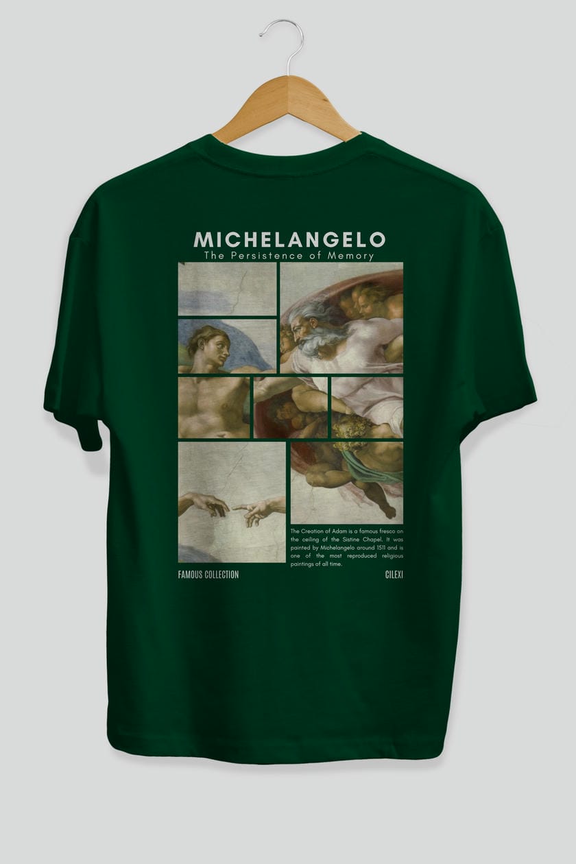 Michelangelo Arka Baskılı Oversize t-shirt Erkek Kadın Bisiklet Yaka Pamuk tişort