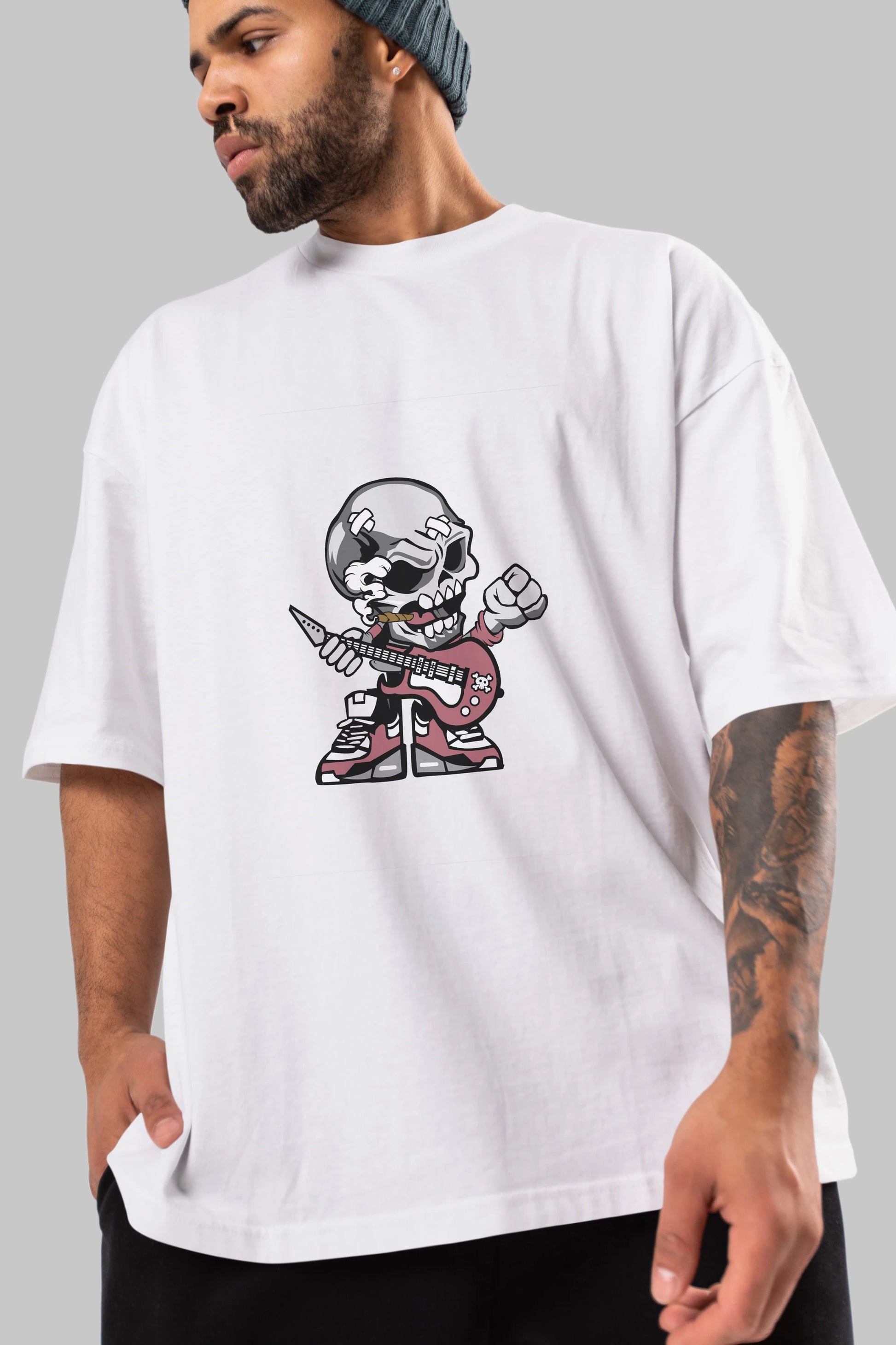 Skull Rockstar Ön Baskılı Oversize t-shirt Erkek Kadın Unisex %100 Pamuk tişort