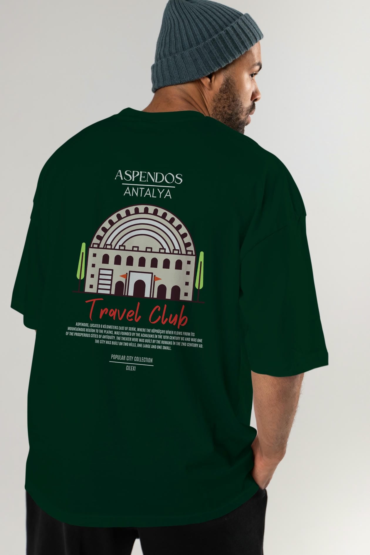Aspendos Antalya Arka Baskılı Oversize t-shirt Erkek Kadın Pamuk Bisiklet Yaka tişort