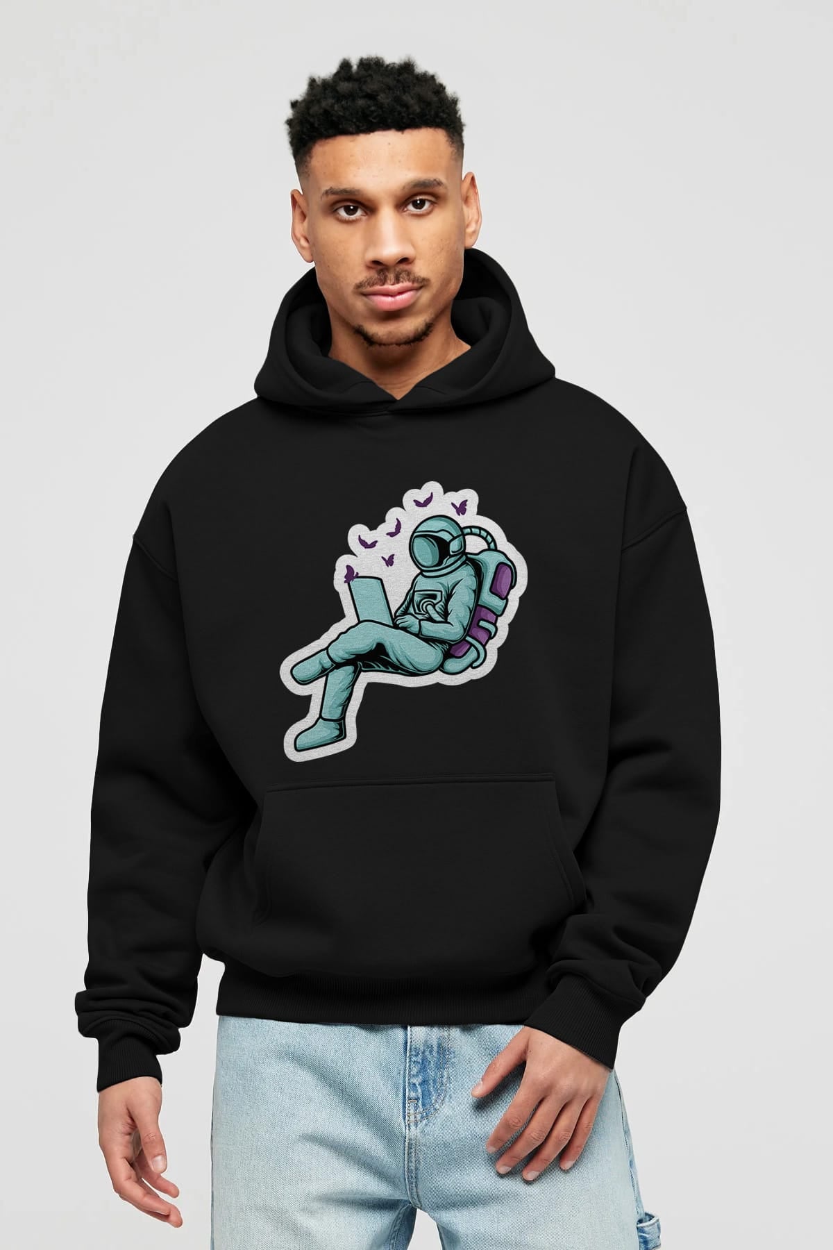 Work with Butterflies in Space Sticker Ön Baskılı Hoodie Oversize Kapüşonlu Sweatshirt Erkek Kadın Unisex