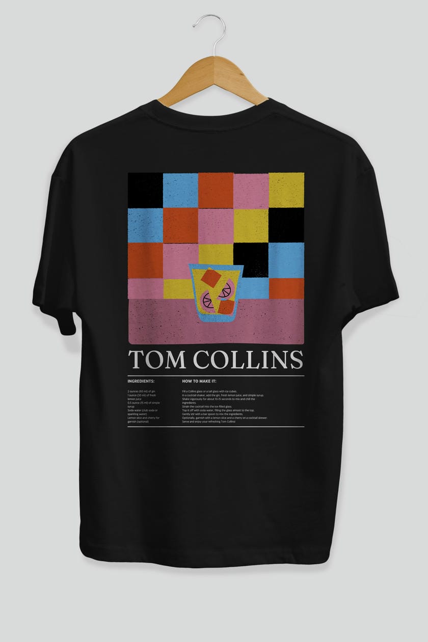 Tom Collins Kokteyl Serisi Arka Baskılı Oversize t-shirt Erkek Kadın %100 Pamuk Bisiklet Yaka tişort