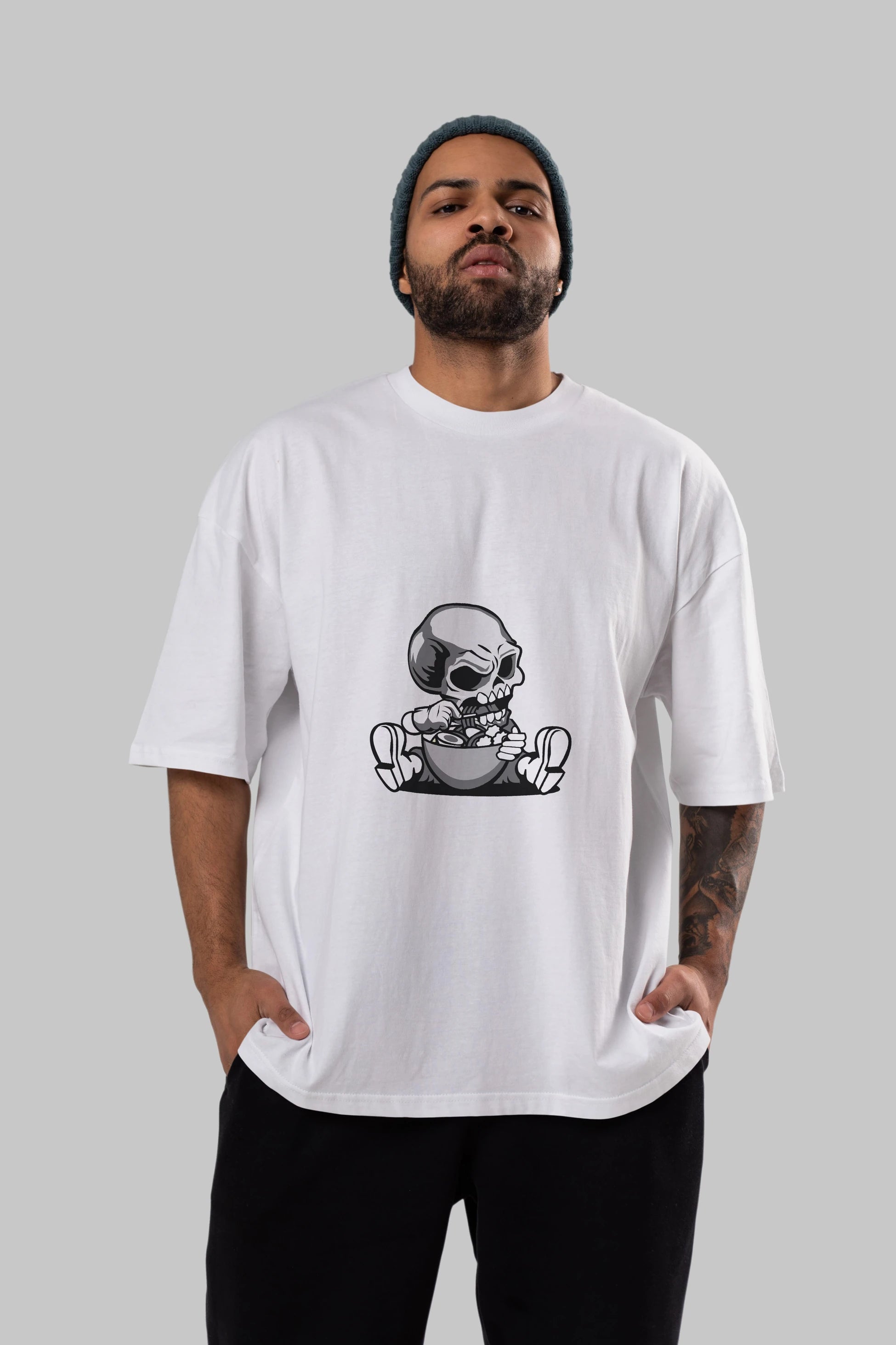 Skull Eat Ramen Ön Baskılı Oversize t-shirt Erkek Kadın Unisex %100 Pamuk tişort