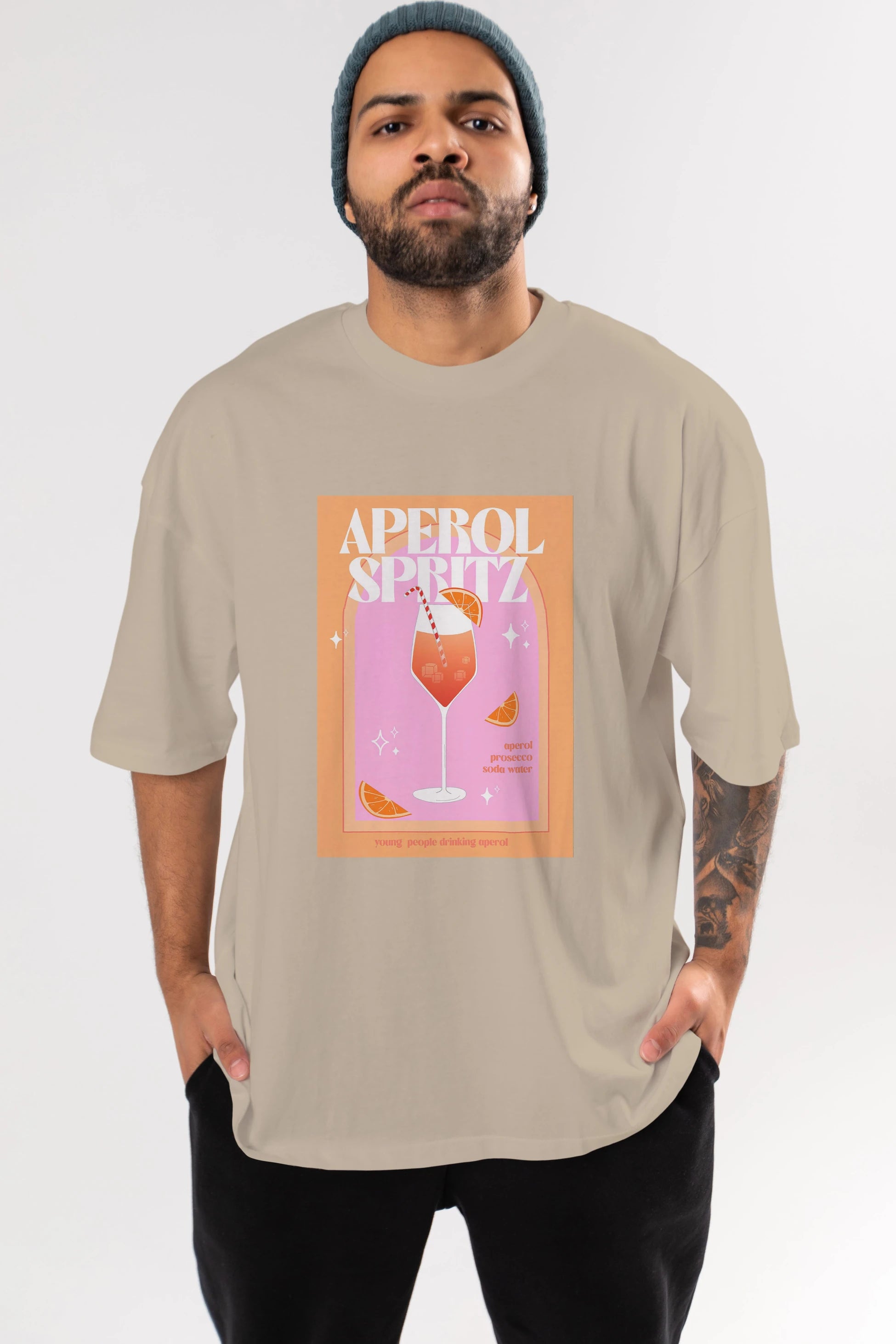 Aperol Spritz 2 Ön Baskılı Oversize t-shirt Erkek Kadın Unisex %100 Pamuk Bisiklet Yaka tişort