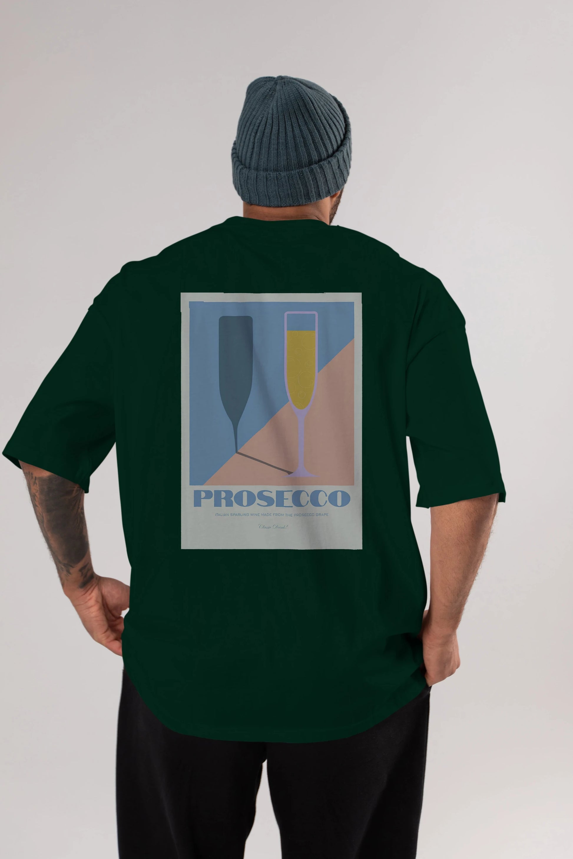 Prosecco Arka Baskılı Oversize t-shirt Erkek Kadın Unisex %100 Pamuk Bisiklet Yaka tişort