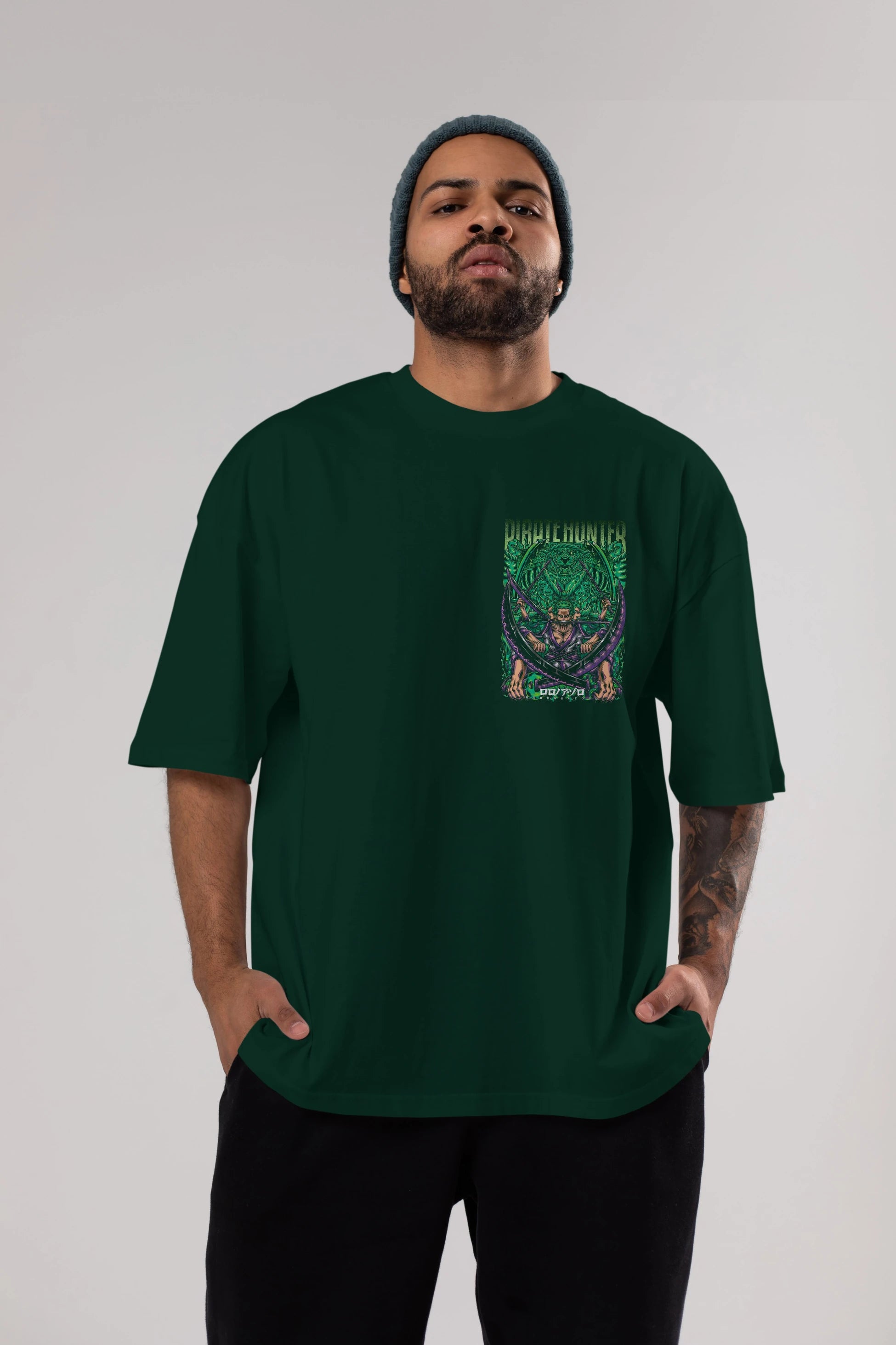 RORONOA ZORO 3 Ön Sol Baskılı Oversize t-shirt Erkek Kadın Unisex %100 Pamuk Bisiklet Yaka tişort
