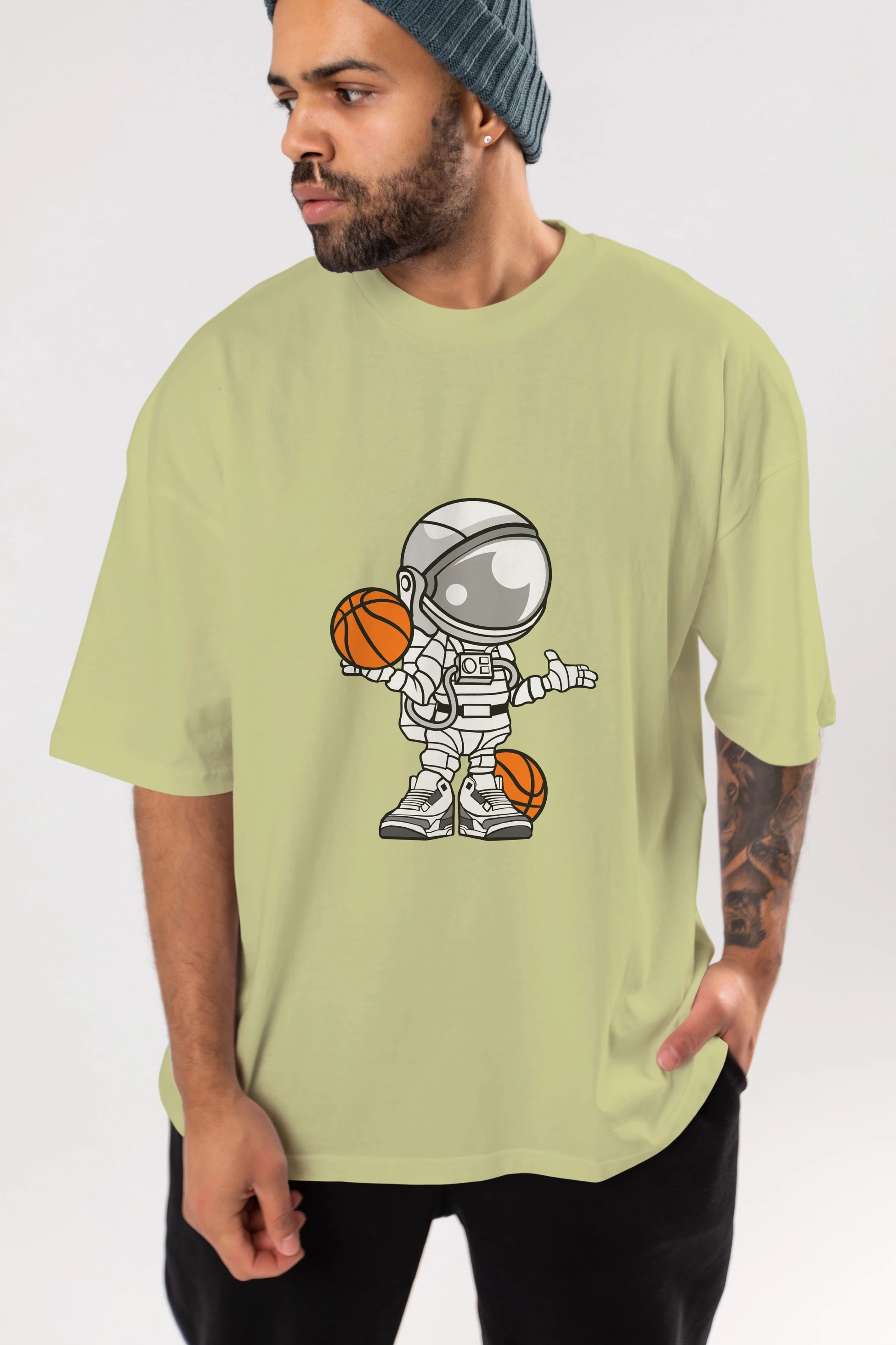 Astronaut Basketball Player Ön Baskılı Oversize t-shirt Erkek Kadın Unisex %100 Pamuk tişort