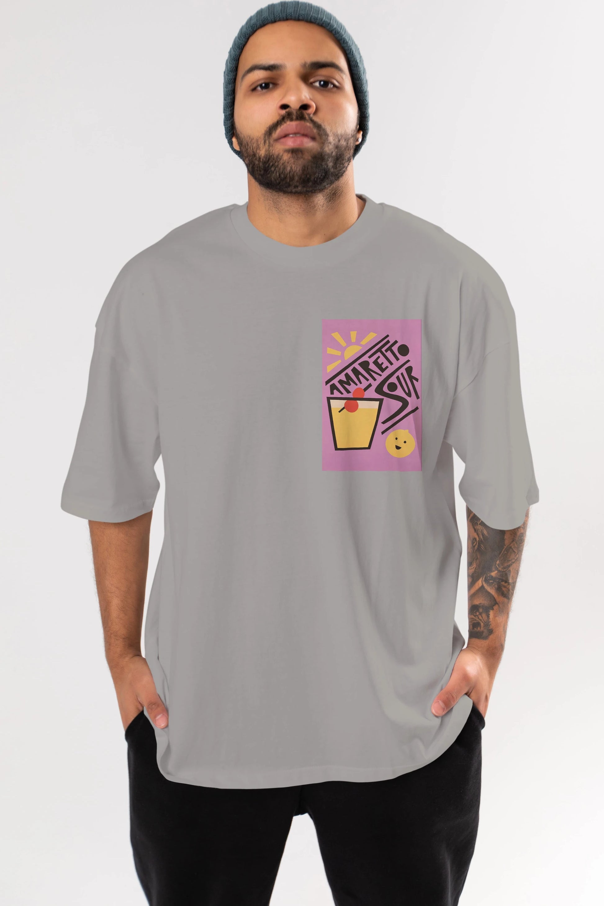 Amaretto Sour Ön Sol Baskılı Oversize t-shirt Erkek Kadın Unisex %100 Pamuk Bisiklet Yaka tişort