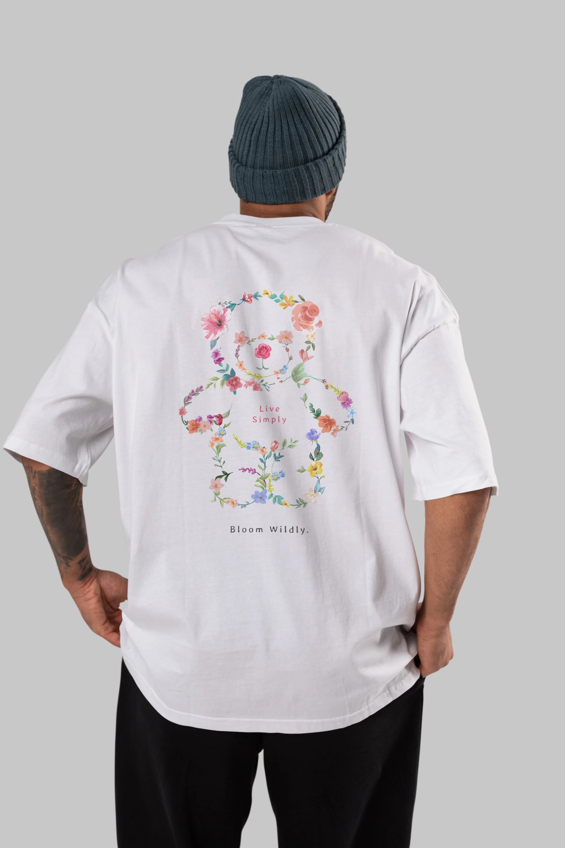 Teddy Bear Flowers Arka Baskılı Oversize t-shirt Erkek Kadın Unisex
