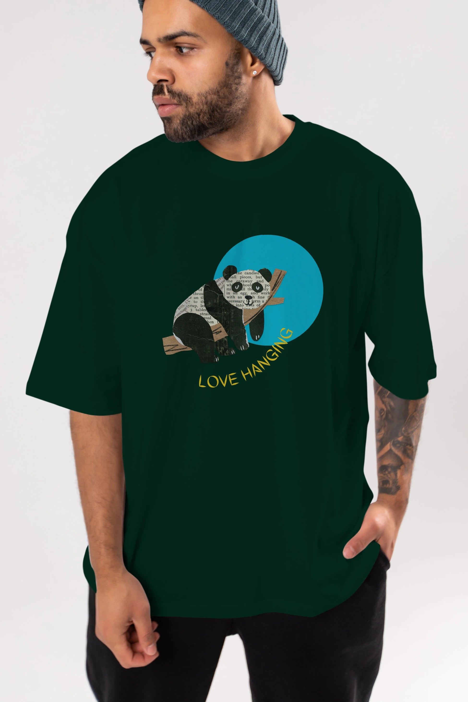 Panda Love Hanging Ön Baskılı Oversize t-shirt Erkek Kadın Unisex