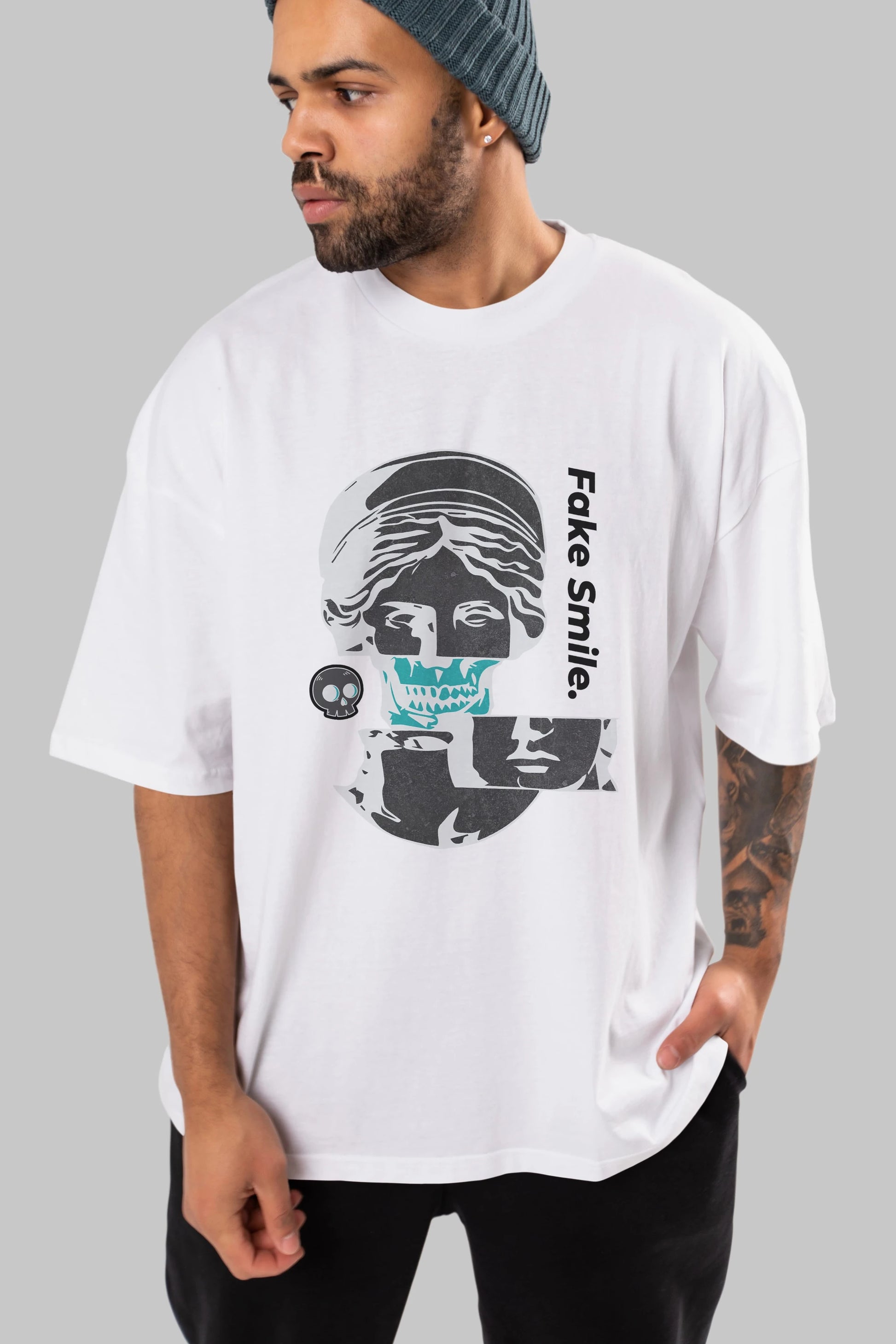 Fake Smile Yazılı Ön Baskılı Oversize t-shirt Erkek Kadın Unisex
