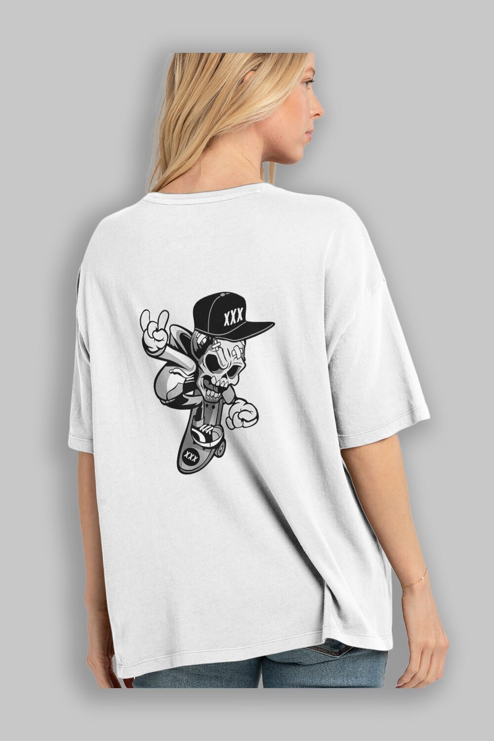 Skull Skateboard Arka Baskılı Oversize t-shirt Erkek Kadın Unisex %100 Pamuk tişort