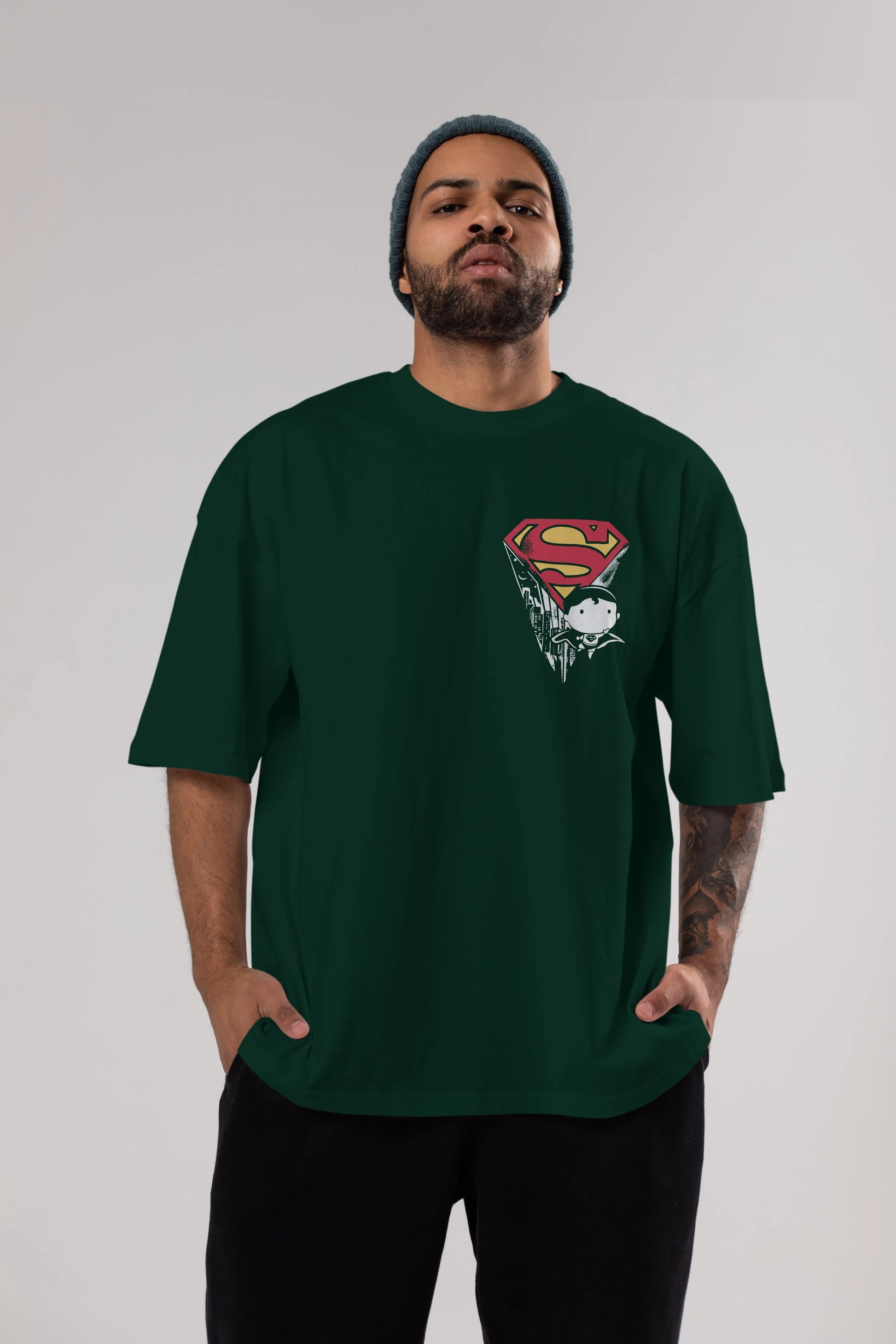 Superman Ön Sol Baskılı Oversize t-shirt Erkek Kadın Unisex %100 Pamuk Bisiklet Yaka tişort
