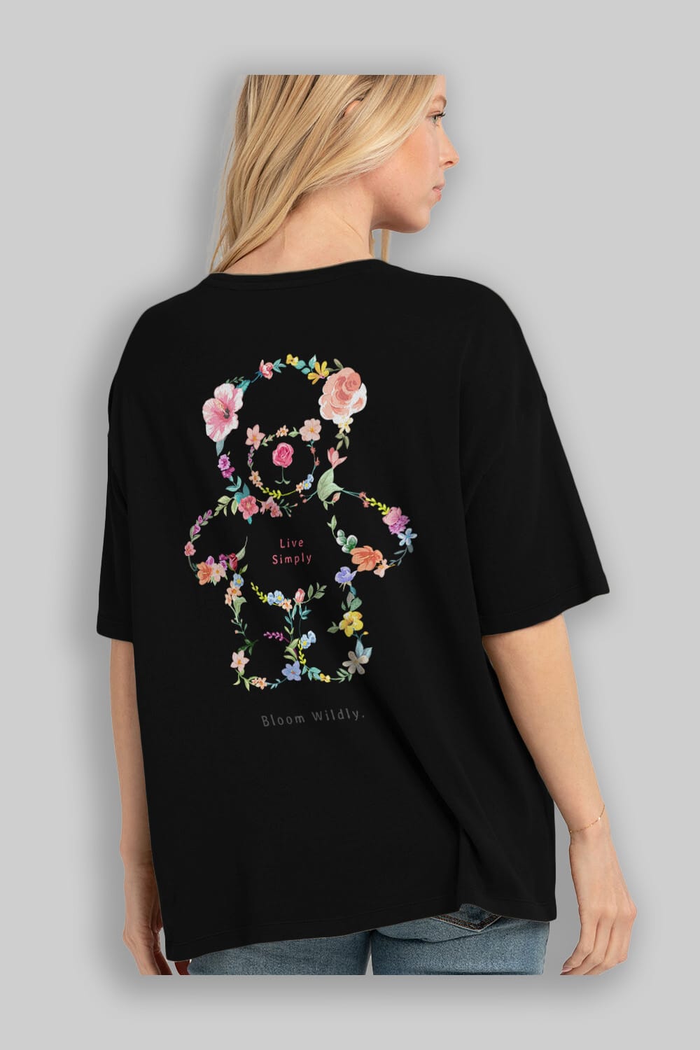 Teddy Bear Flowers Arka Baskılı Oversize t-shirt Erkek Kadın Unisex
