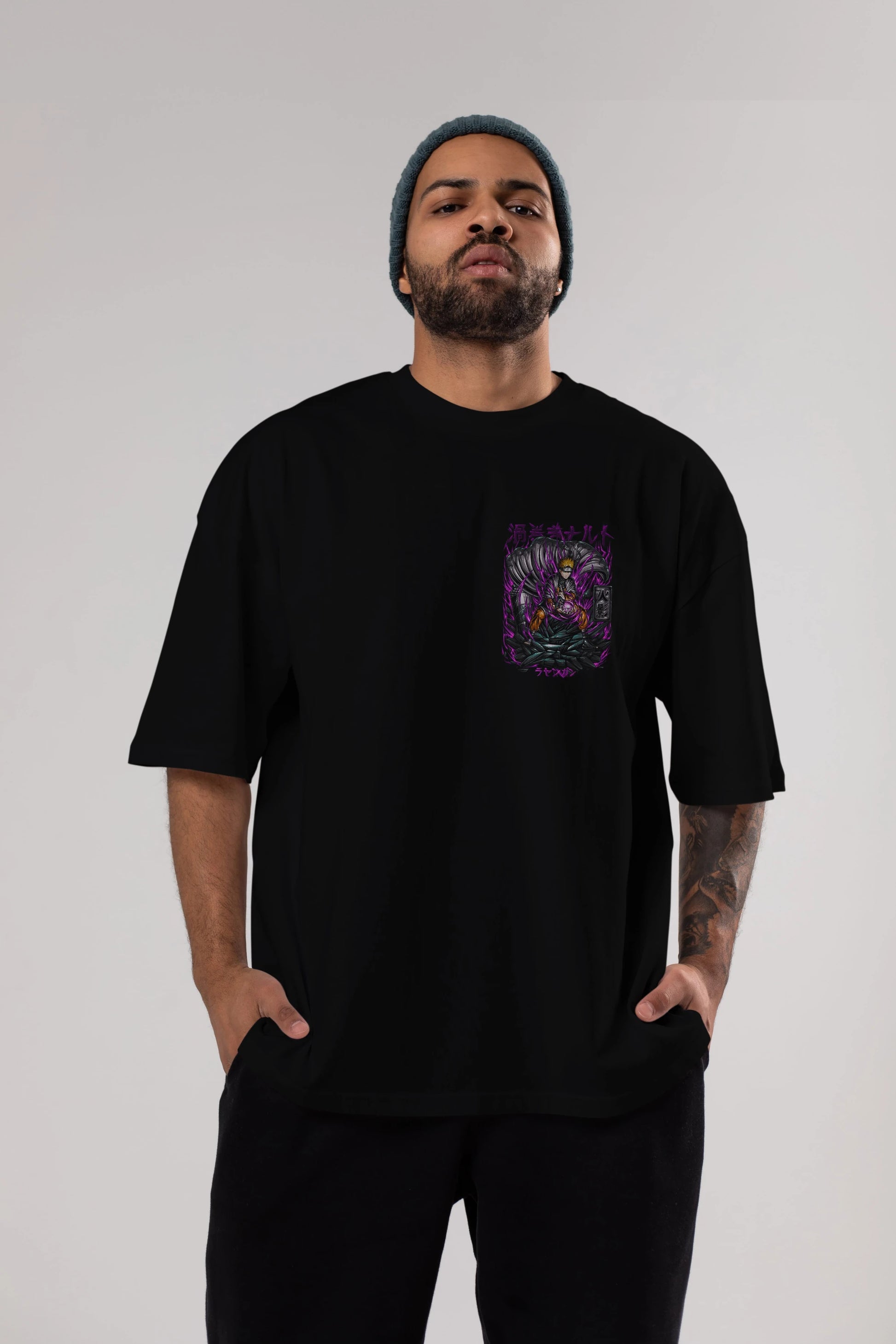 NARUTO Ön Sol Baskılı Oversize t-shirt Erkek Kadın Unisex %100 Pamuk Bisiklet Yaka tişort