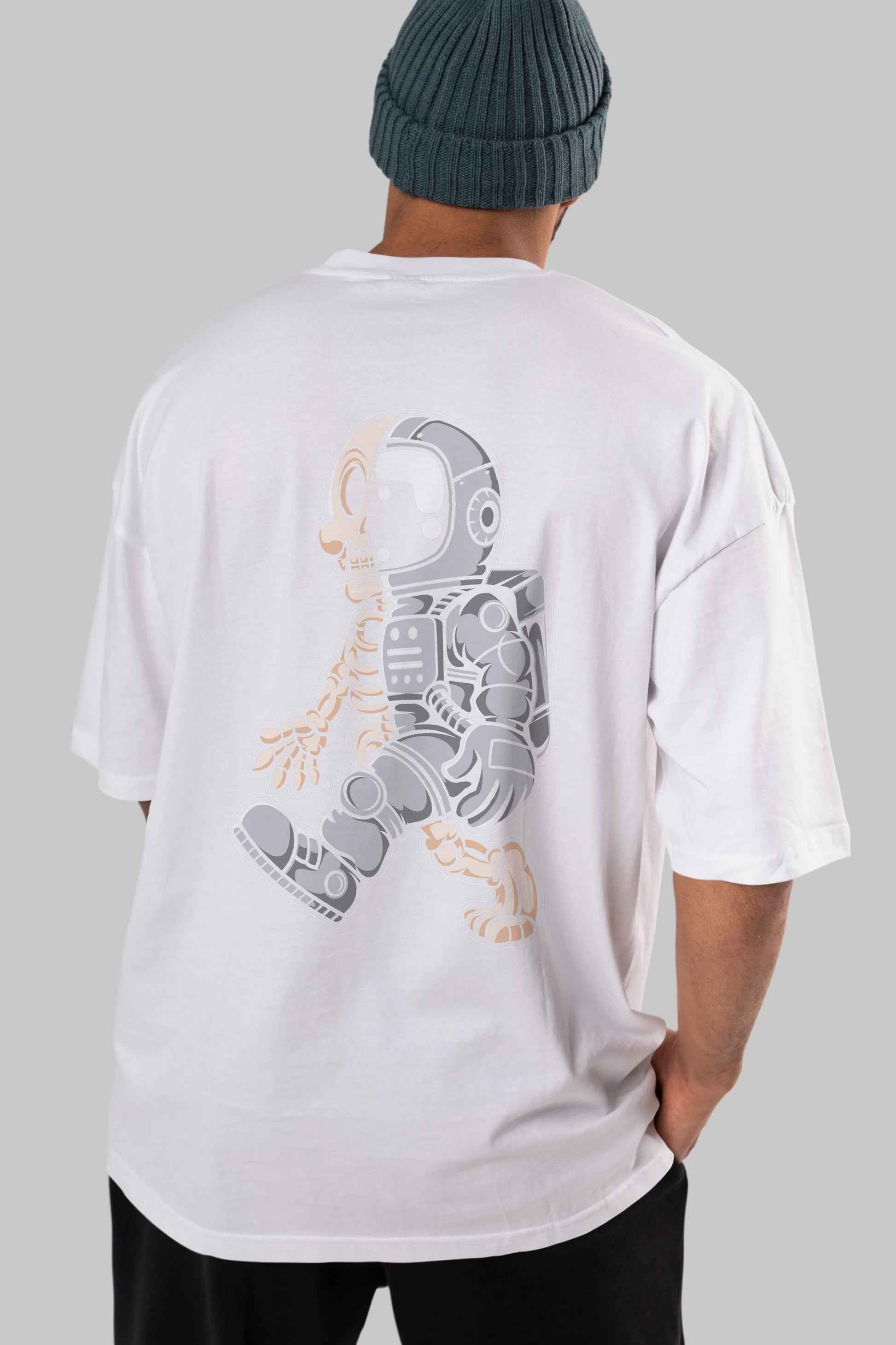 Astronaut Half Skull Arka Baskılı Oversize t-shirt Erkek Kadın Unisex