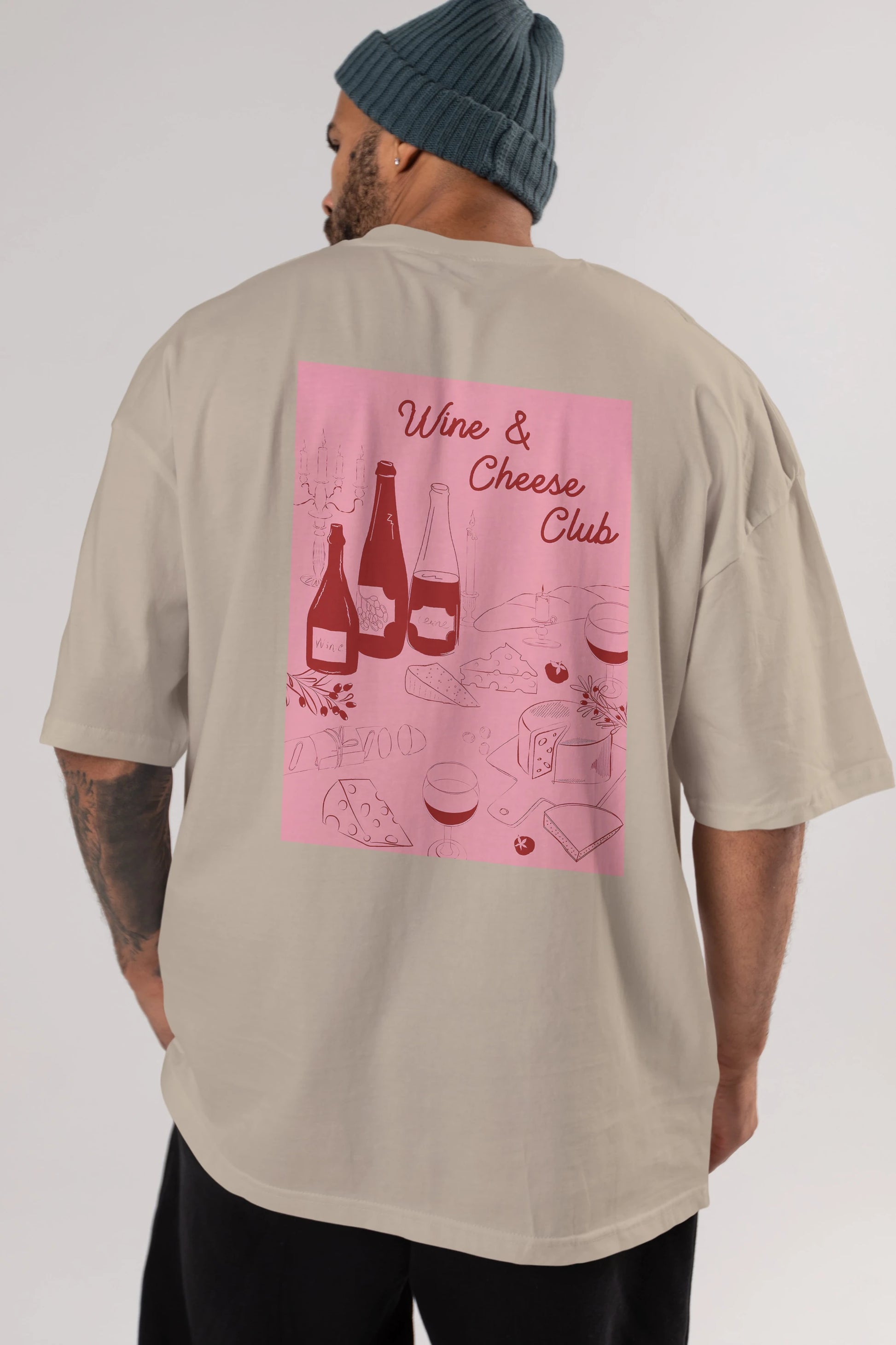 Wine Cheese Club Arka Baskılı Oversize t-shirt Erkek Kadın Unisex %100 Pamuk Bisiklet Yaka tişort