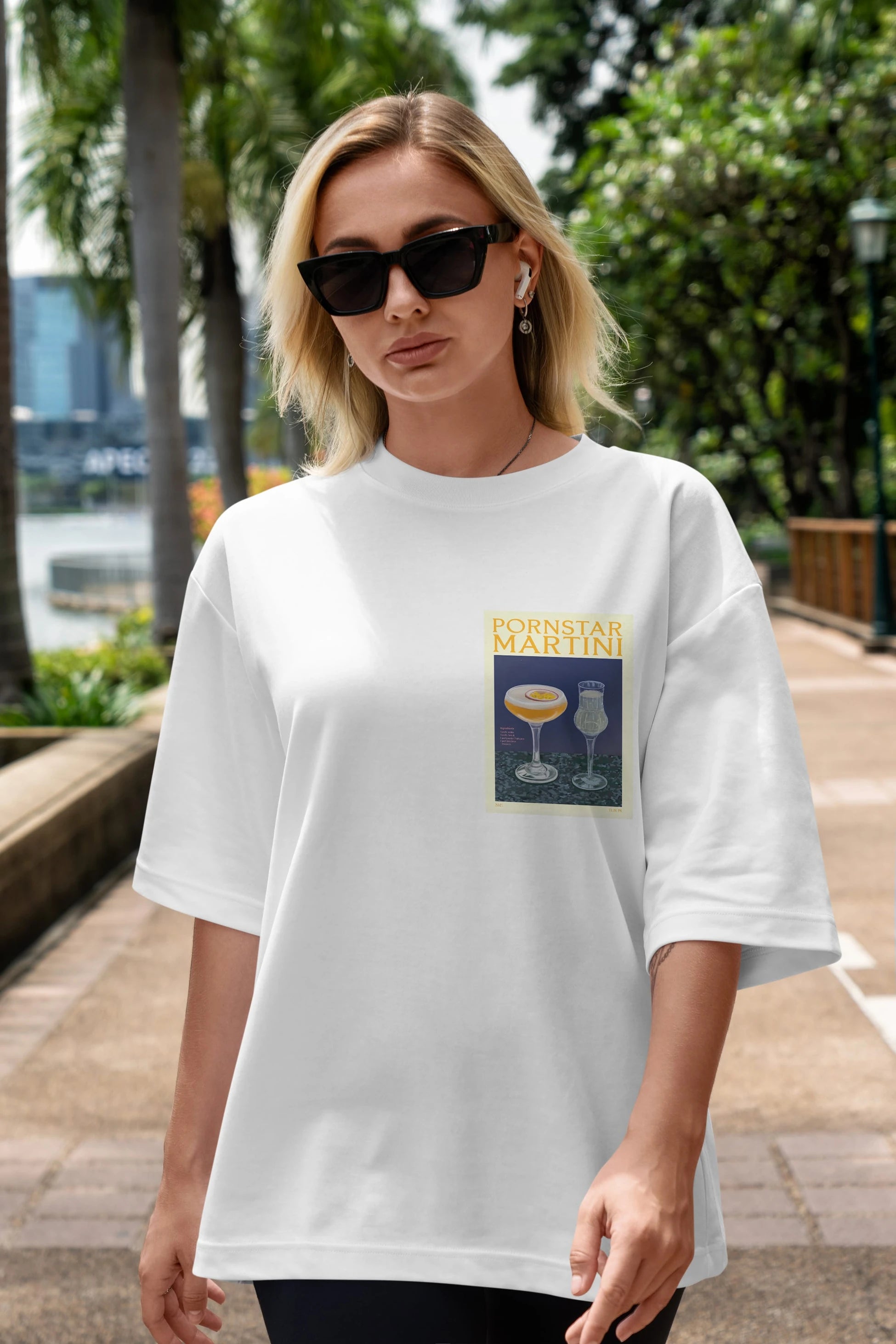 P.rnstar Martini Ön Sol Baskılı Oversize t-shirt Erkek Kadın Unisex %100 Pamuk Bisiklet Yaka tişort