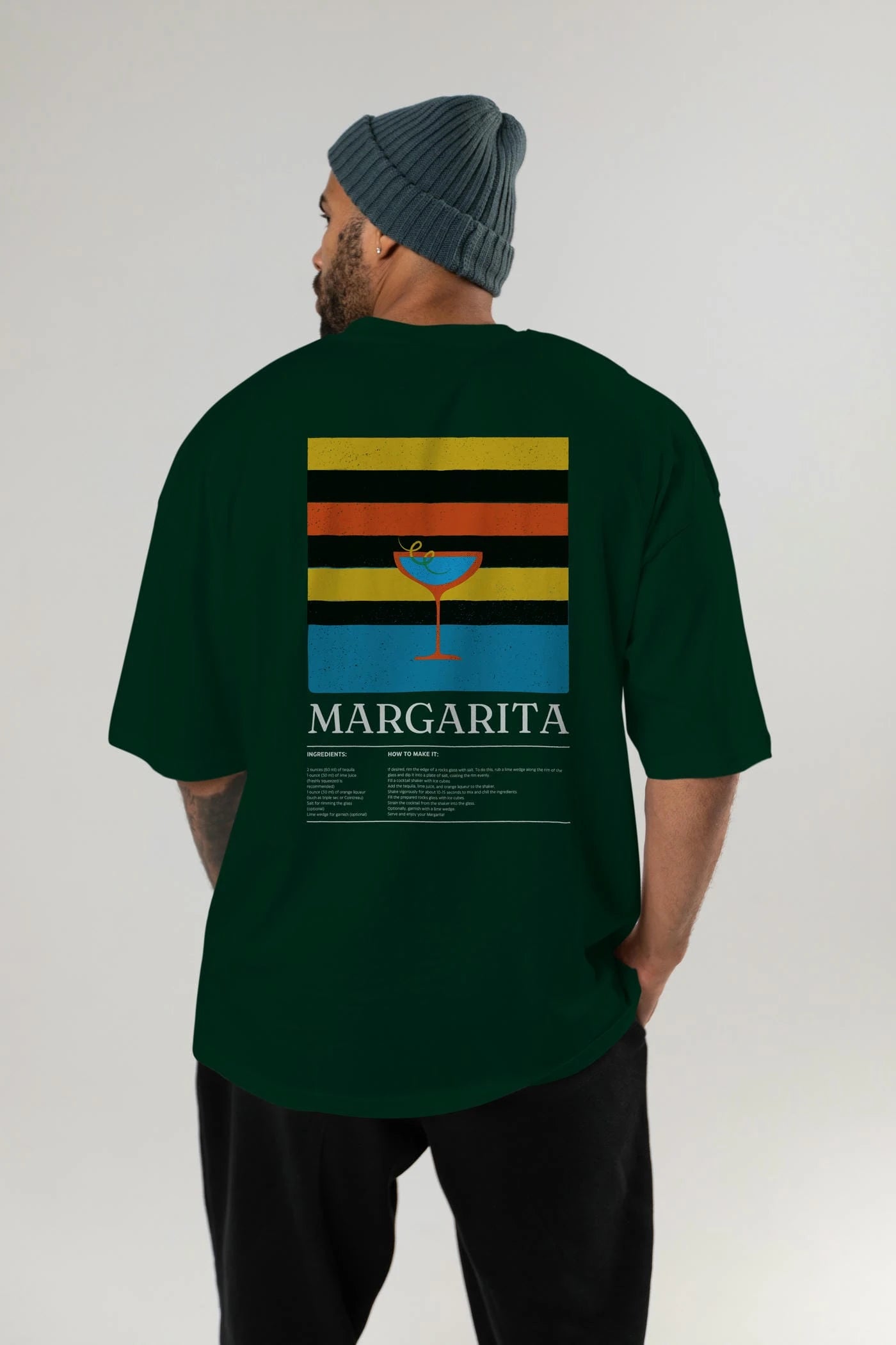 Margarita Kokteyl Serisi Arka Baskılı Oversize t-shirt Erkek Kadın %100 Pamuk Bisiklet Yaka tişort