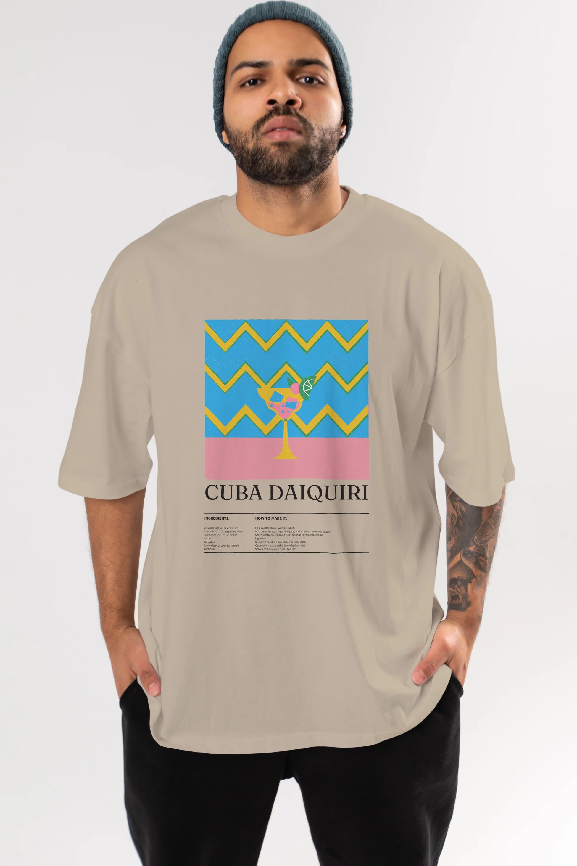 Cuba Daiquiri Kokteyl Ön Baskılı Oversize t-shirt Erkek Kadın %100 Pamuk Bisiklet Yaka tişort