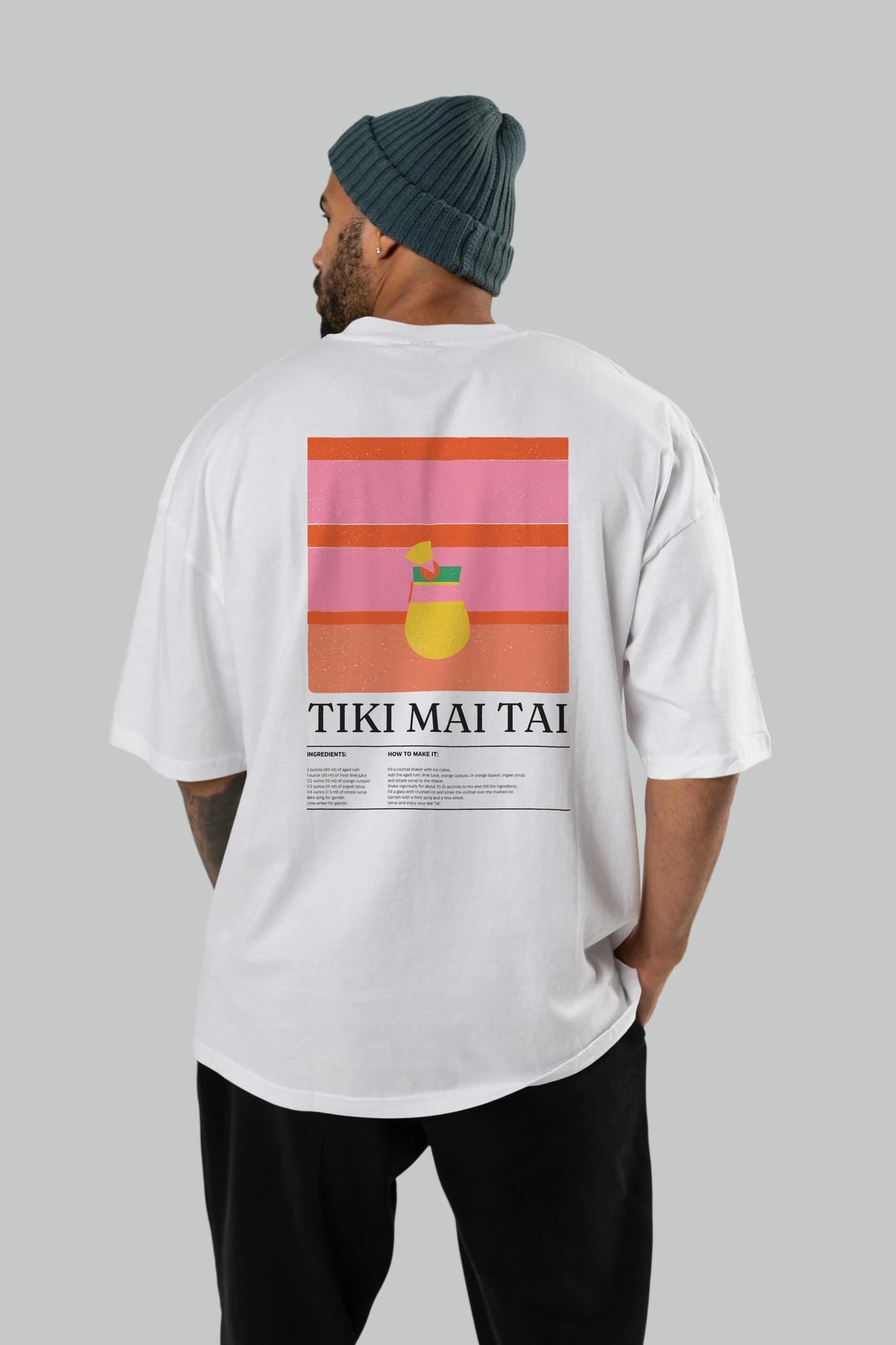 Tiki Mai Tai Kokteyl Serisi Arka Baskılı Oversize t-shirt Erkek Kadın %100 Pamuk Bisiklet Yaka tişort