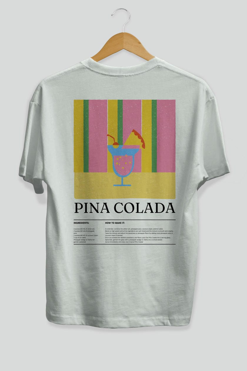 Pina Colada Kokteyl Serisi Arka Baskılı Oversize t-shirt Erkek Kadın %100 Pamuk Bisiklet Yaka tişort