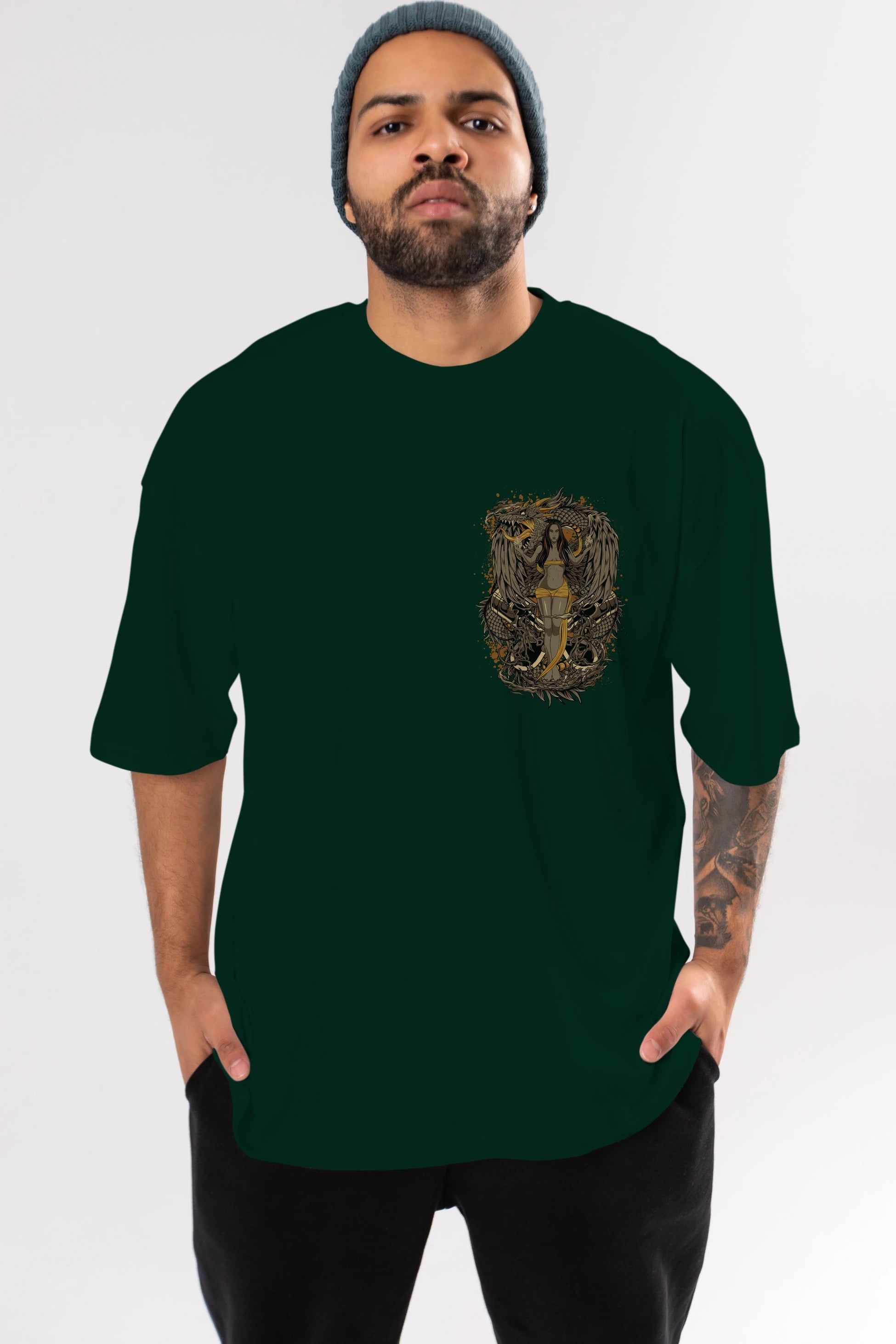TRIBAL (3) Ön Sol Baskılı Oversize t-shirt Erkek Kadın Unisex %100 Pamuk Bisiklet Yaka tişort