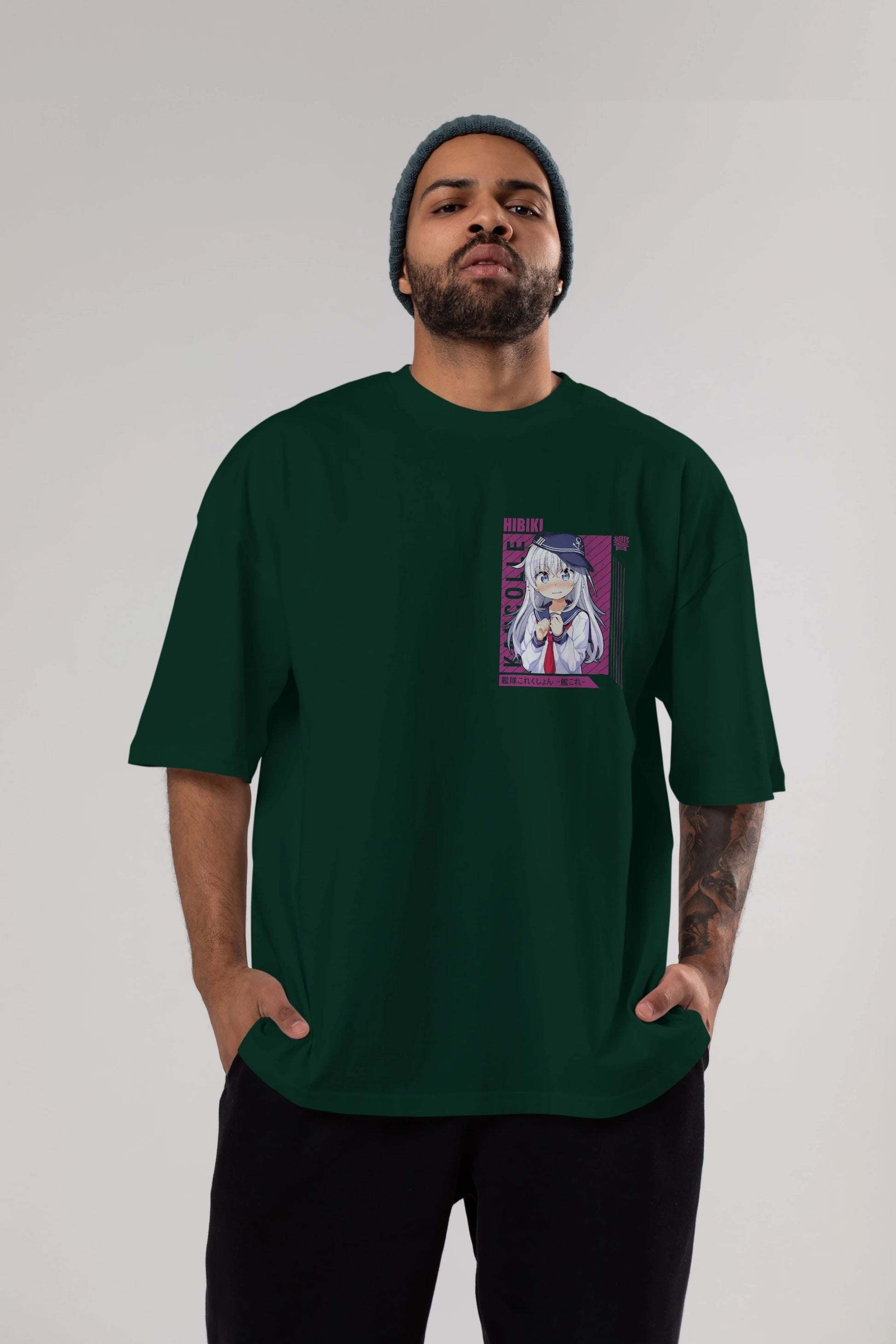 Hibiki 4 Ön Sol Baskılı Oversize t-shirt Erkek Kadın Unisex %100 Pamuk Bisiklet Yaka tişort