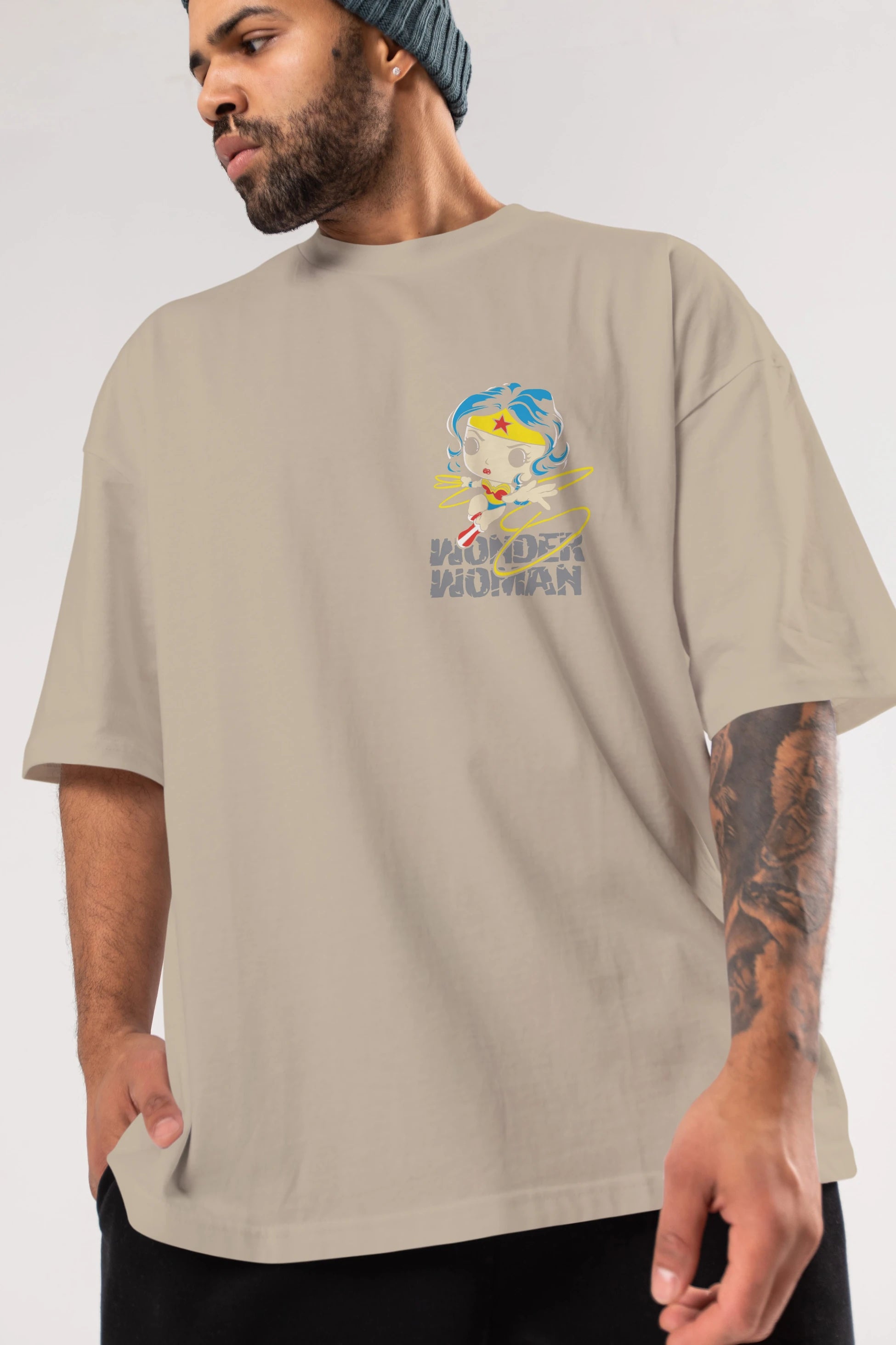 Wonder Woman Ön Sol Baskılı Oversize t-shirt Erkek Kadın Unisex %100 Pamuk Bisiklet Yaka tişort