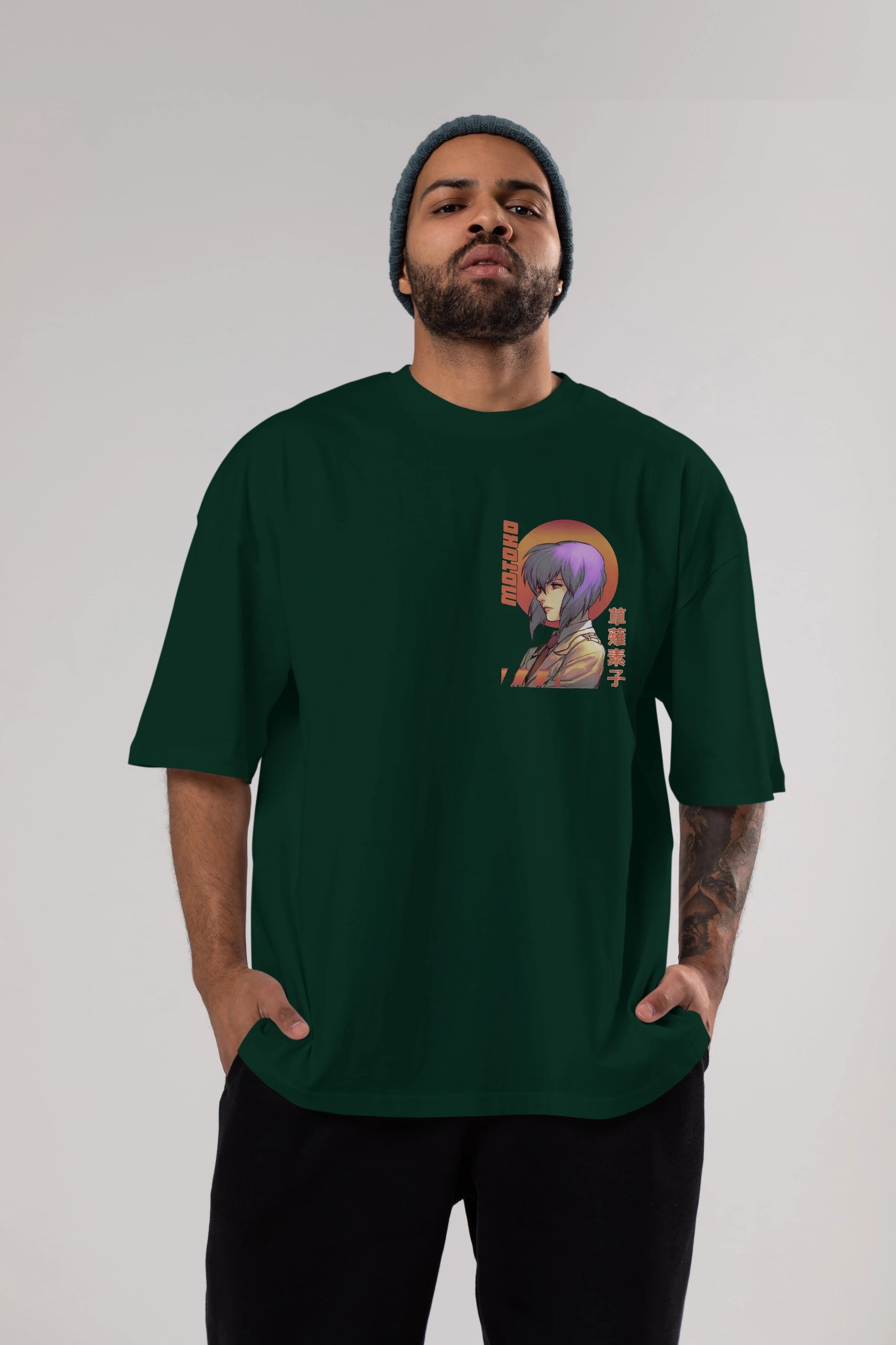 Motoko Kusanagi 10 Ön Sol Baskılı Oversize t-shirt Erkek Kadın Unisex %100 Pamuk Bisiklet Yaka tişort