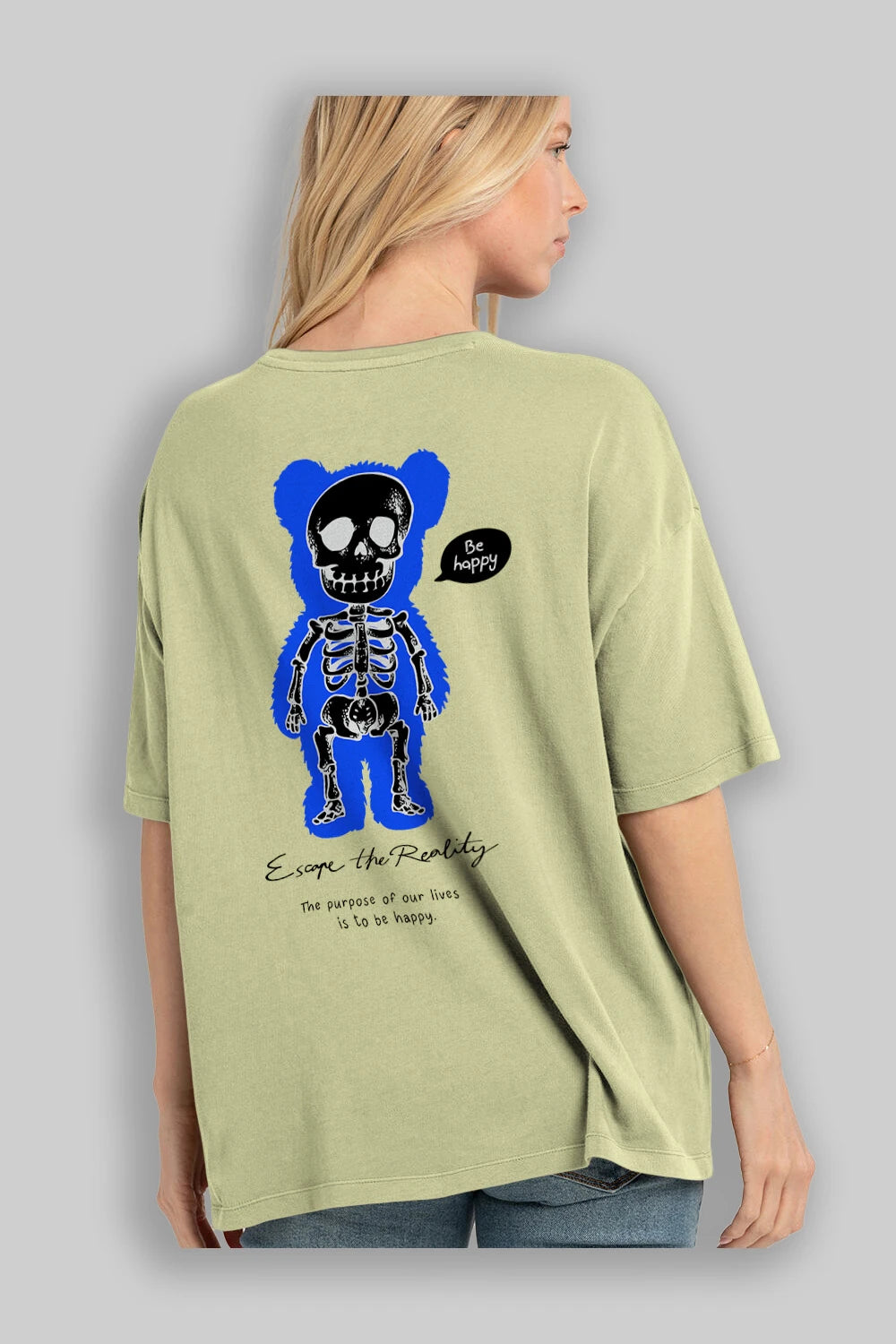 Be Happy Bear Arka Baskılı Oversize t-shirt Erkek Kadın Unisex