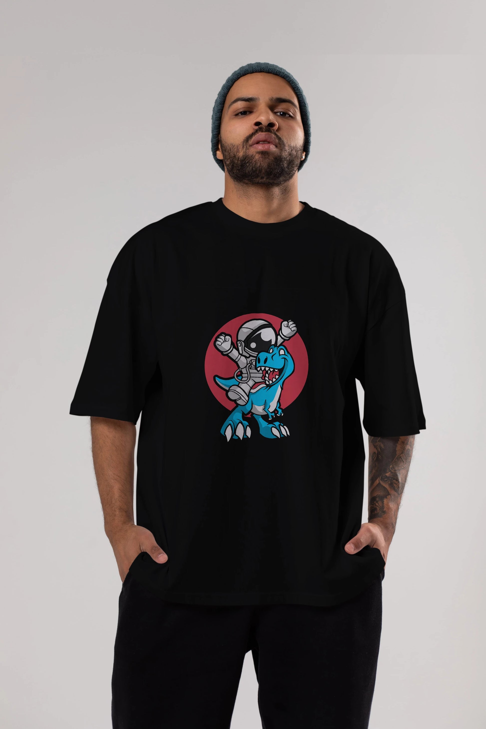 Astronaut Dino Ön Baskılı Oversize t-shirt Erkek Kadın Unisex %100 Pamuk tişort