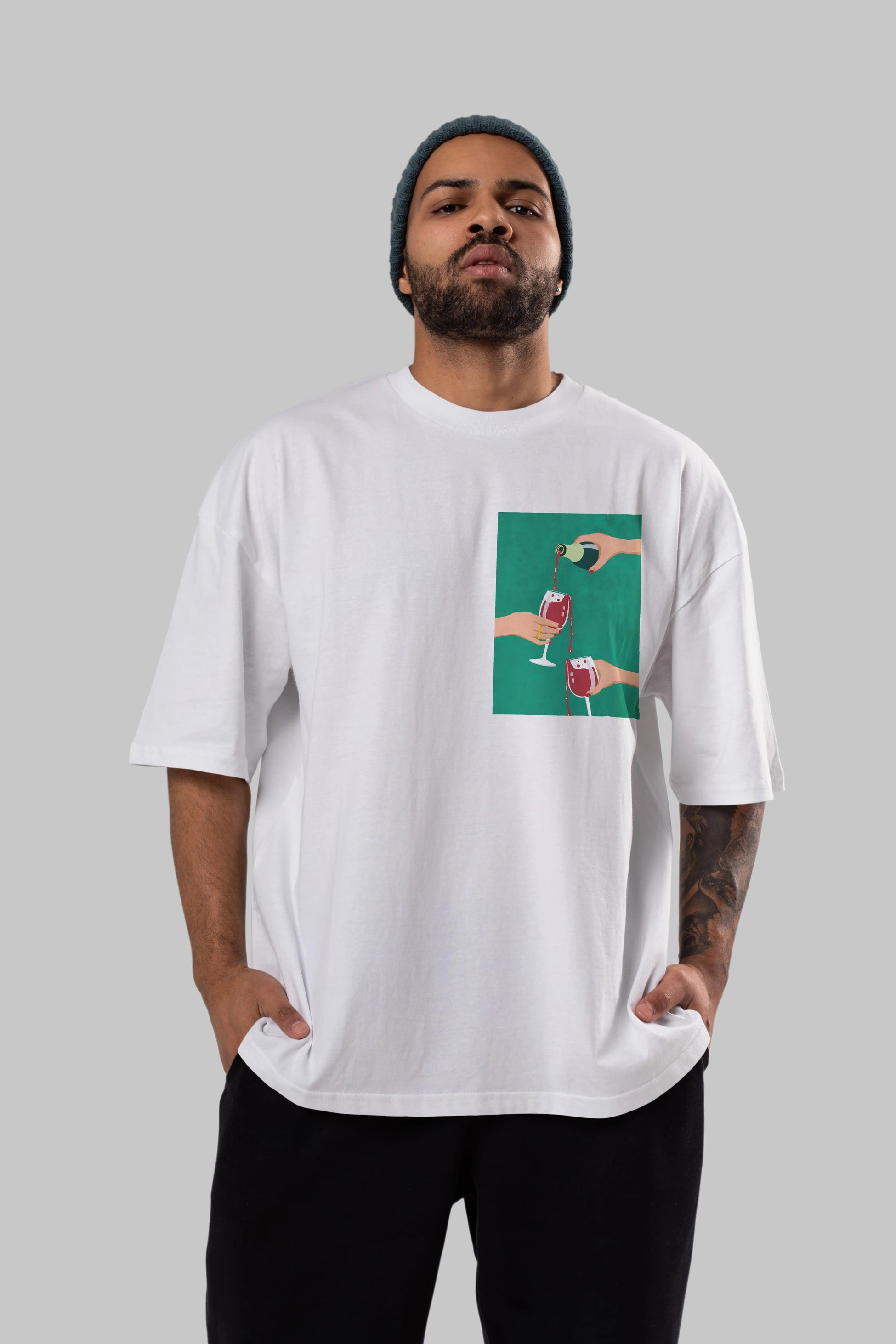 Wine 2 Ön Sol Baskılı Oversize t-shirt Erkek Kadın Unisex %100 Pamuk Bisiklet Yaka tişort
