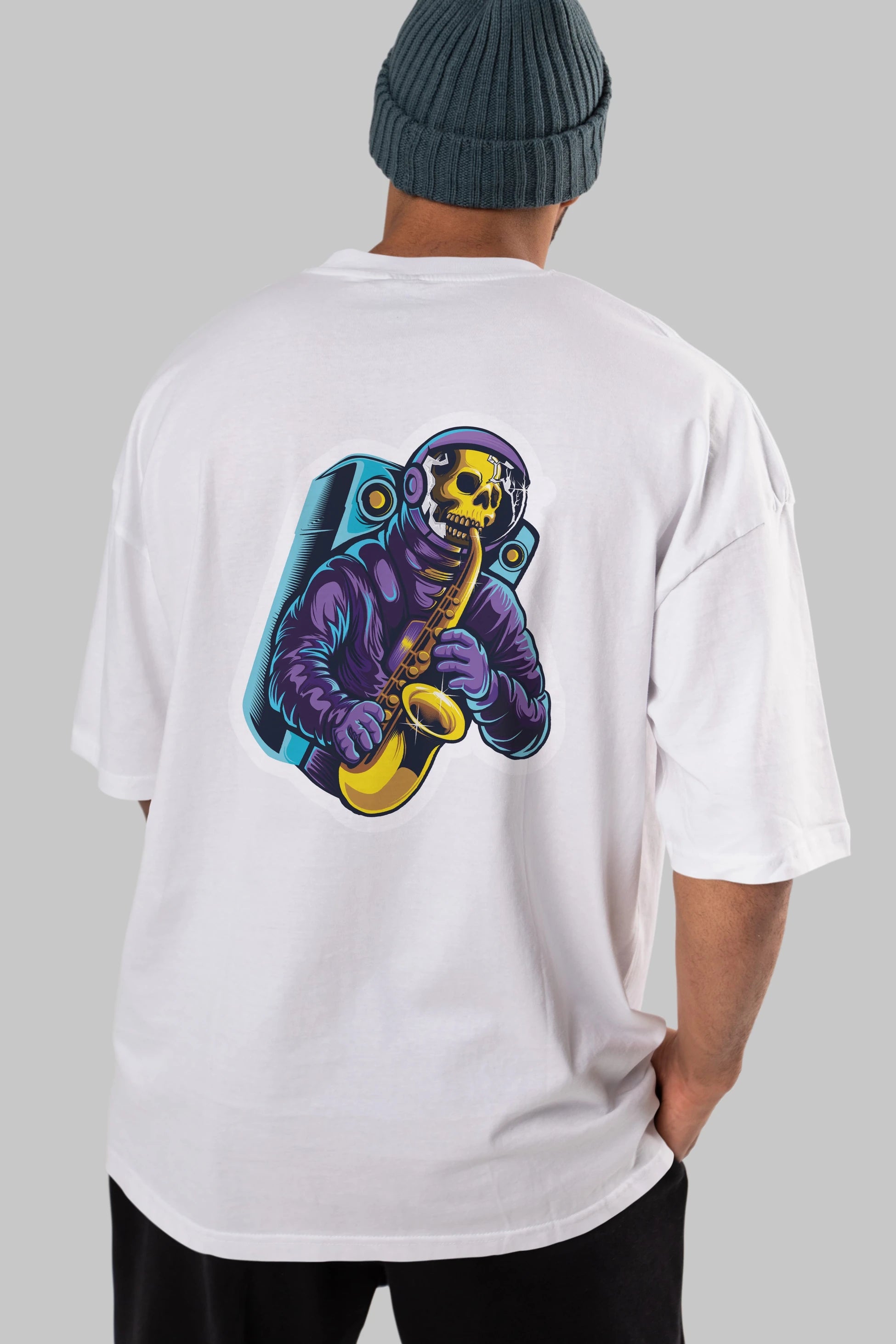 Astroskull Saxophonist Sticker Arka Baskılı Oversize t-shirt Erkek Kadın Unisex
