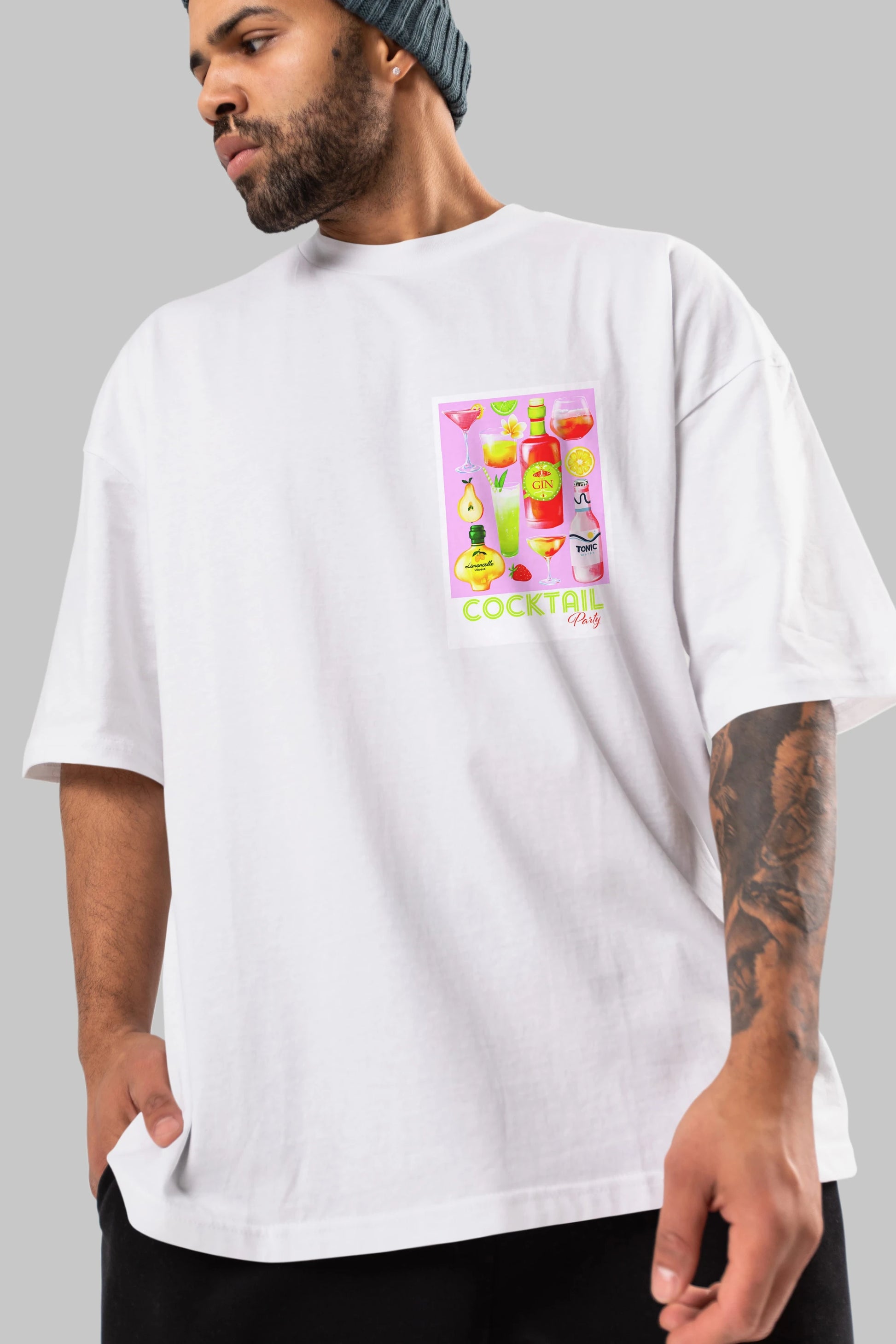 Cocktail Party Ön Sol Baskılı Oversize t-shirt Erkek Kadın Unisex %100 Pamuk Bisiklet Yaka tişort