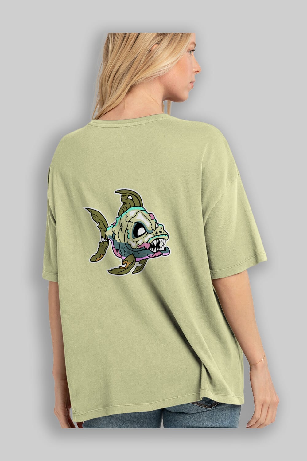 Fish Monster Arka Baskılı Oversize t-shirt Erkek Kadın Unisex %100 Pamuk tişort