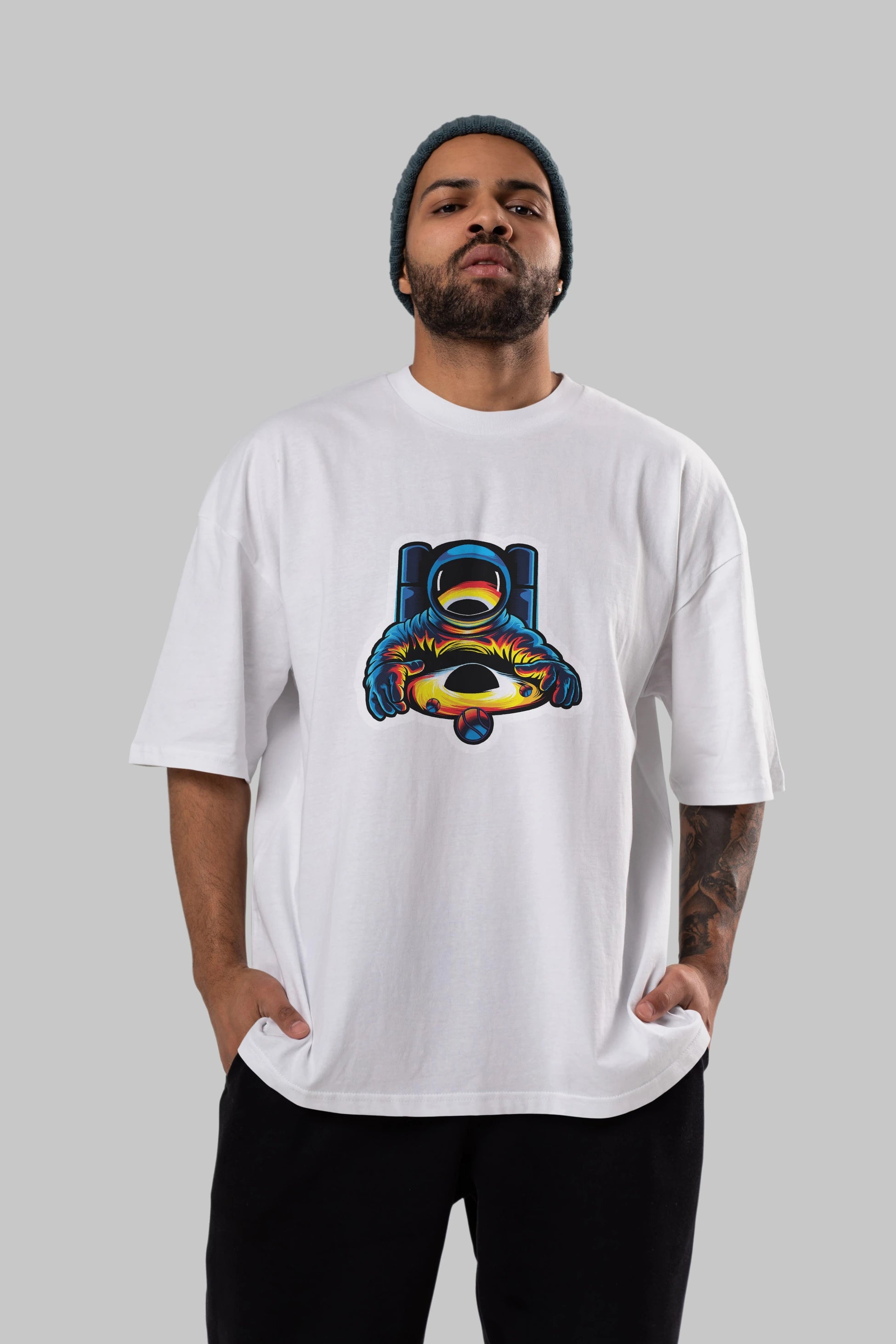 Astronaut & Black Hole Sticker Ön Baskılı Oversize t-shirt Erkek Kadın Unisex