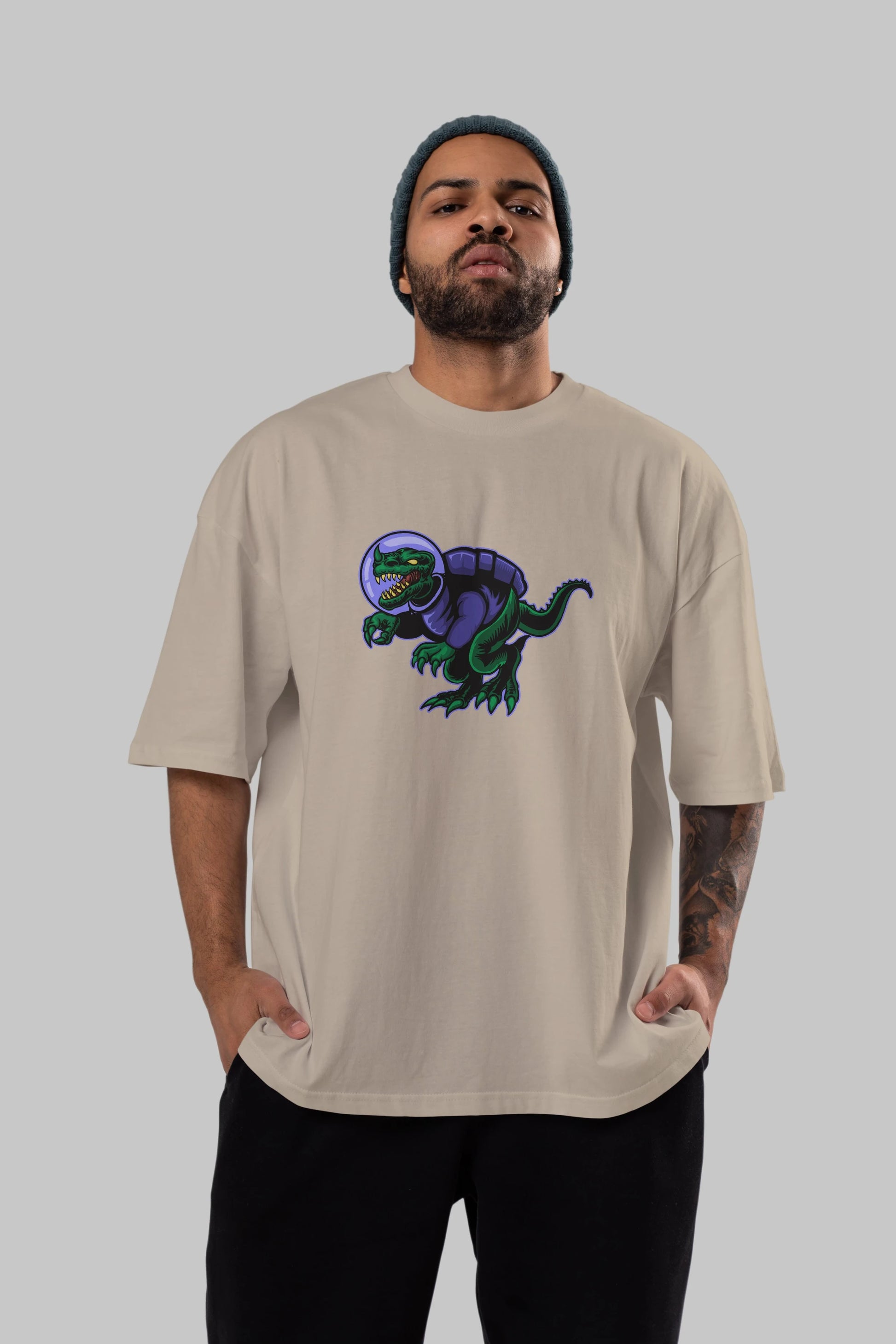 Space Dino Ön Baskılı Oversize t-shirt Erkek Kadın Unisex