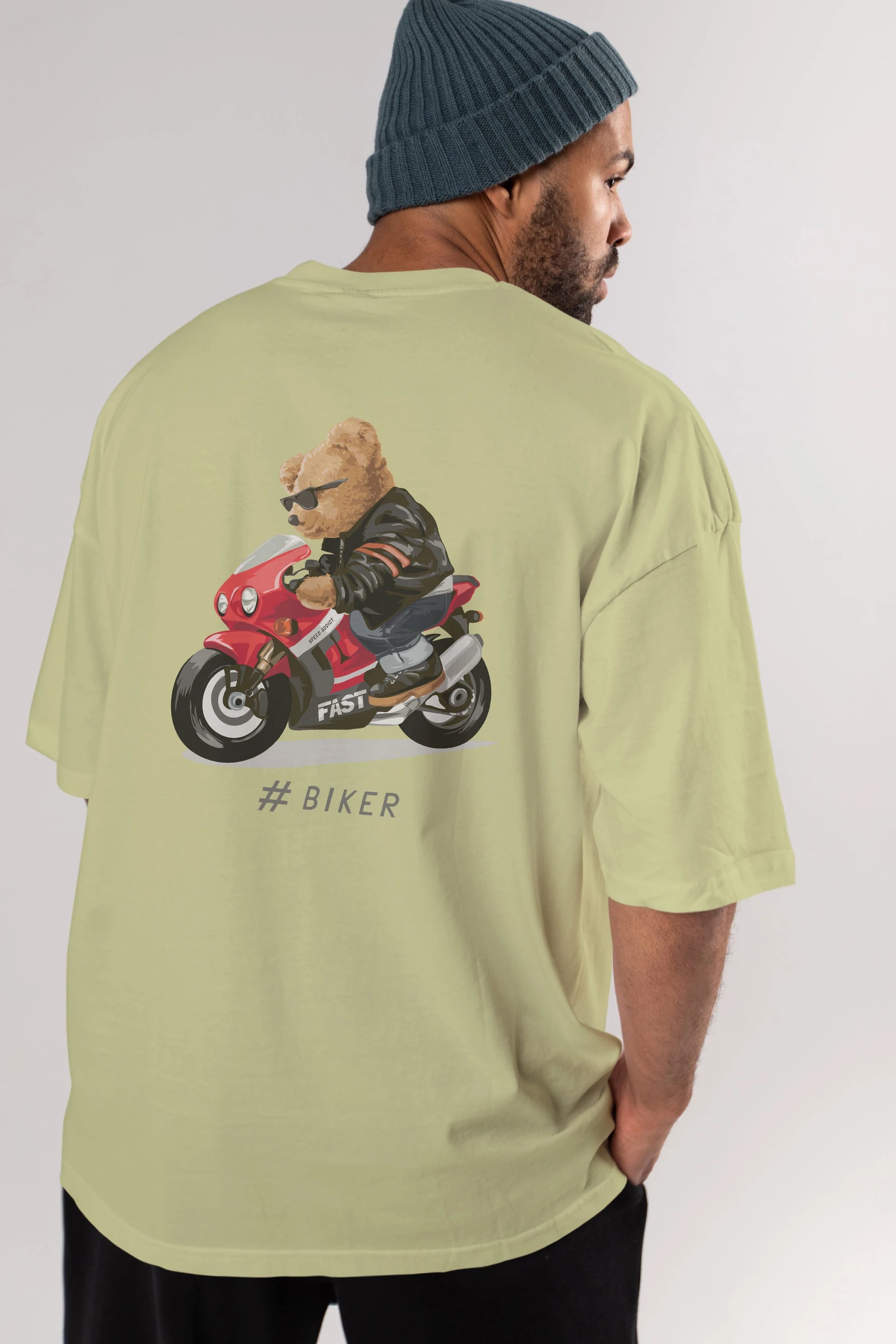 Teddy Bear Biker Arka Baskılı Oversize t-shirt Erkek Kadın Unisex %100 Pamuk