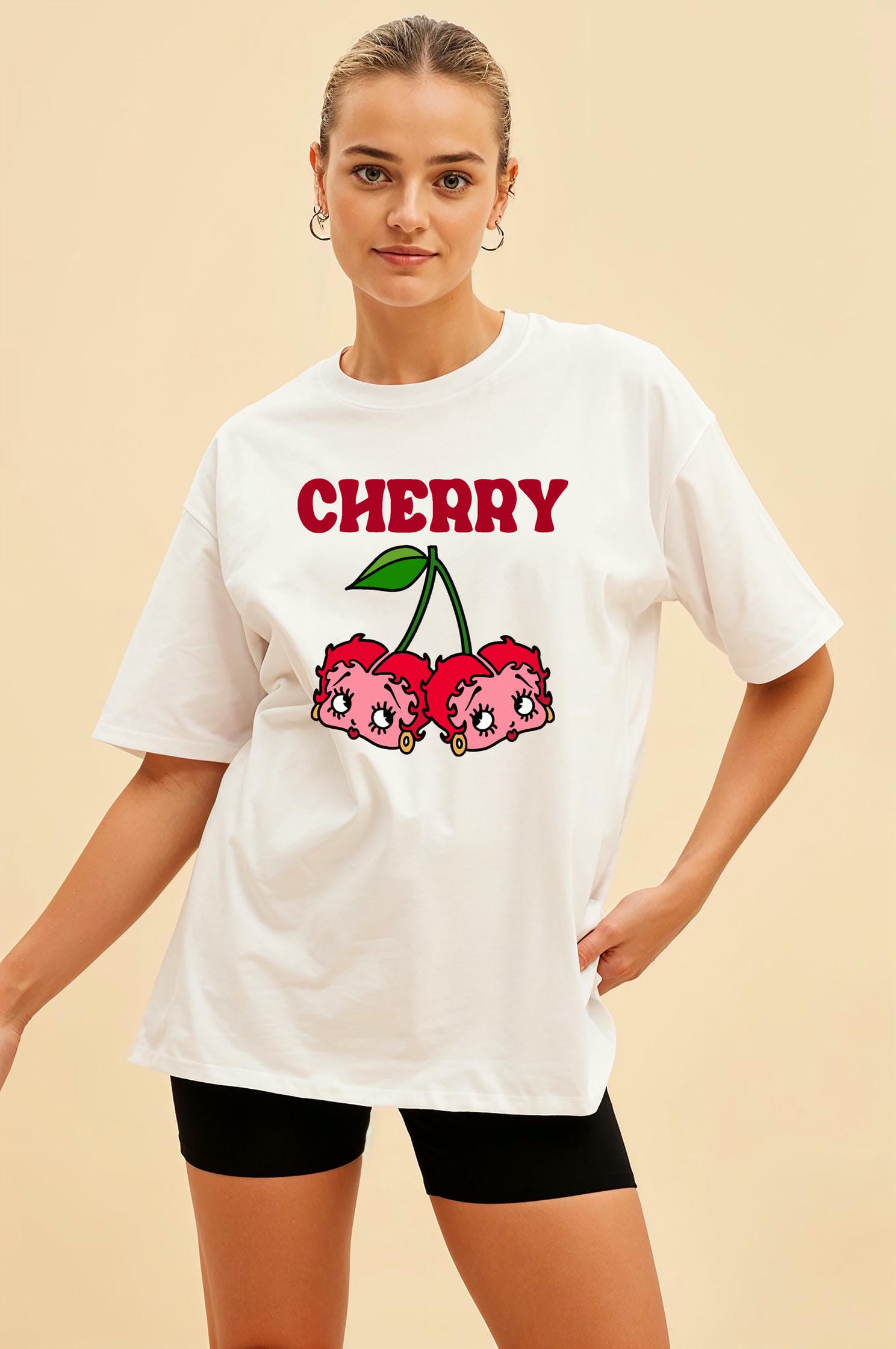 Cherry Cherries 10 Ön Baskılı Oversize t-shirt Erkek Kadın Pamuk Bisiklet Yaka tişort