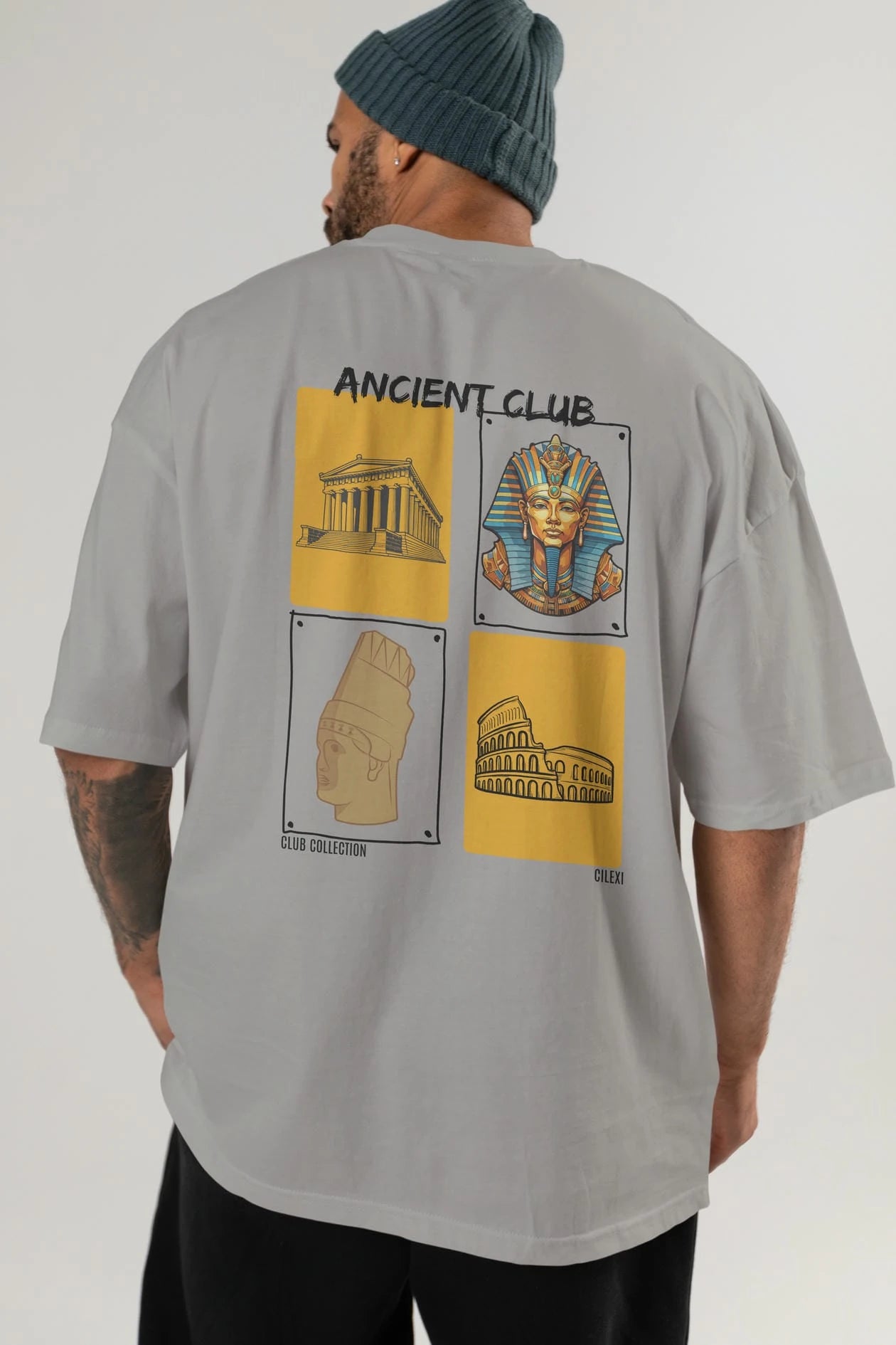 Ancient Club Arka Baskılı Oversize t-shirt Erkek Kadın %100 Pamuk Bisiklet Yaka tişort
