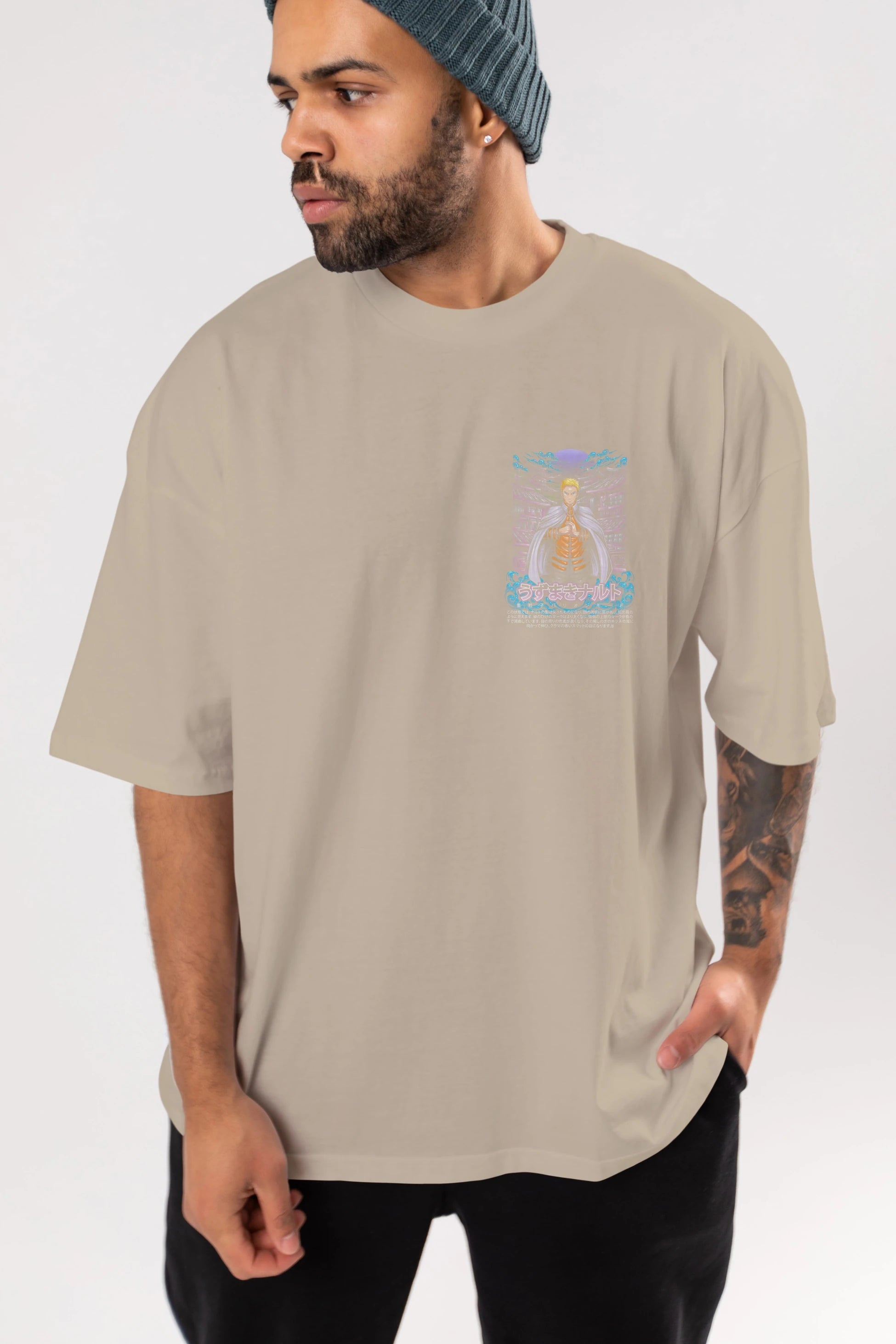 NARUTO (8) Ön Sol Baskılı Oversize t-shirt Erkek Kadın Unisex %100 Pamuk Bisiklet Yaka tişort