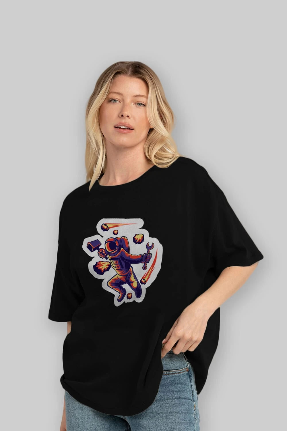 Astronaut Block Meteor Sticker Ön Baskılı Oversize t-shirt Erkek Kadın Unisex