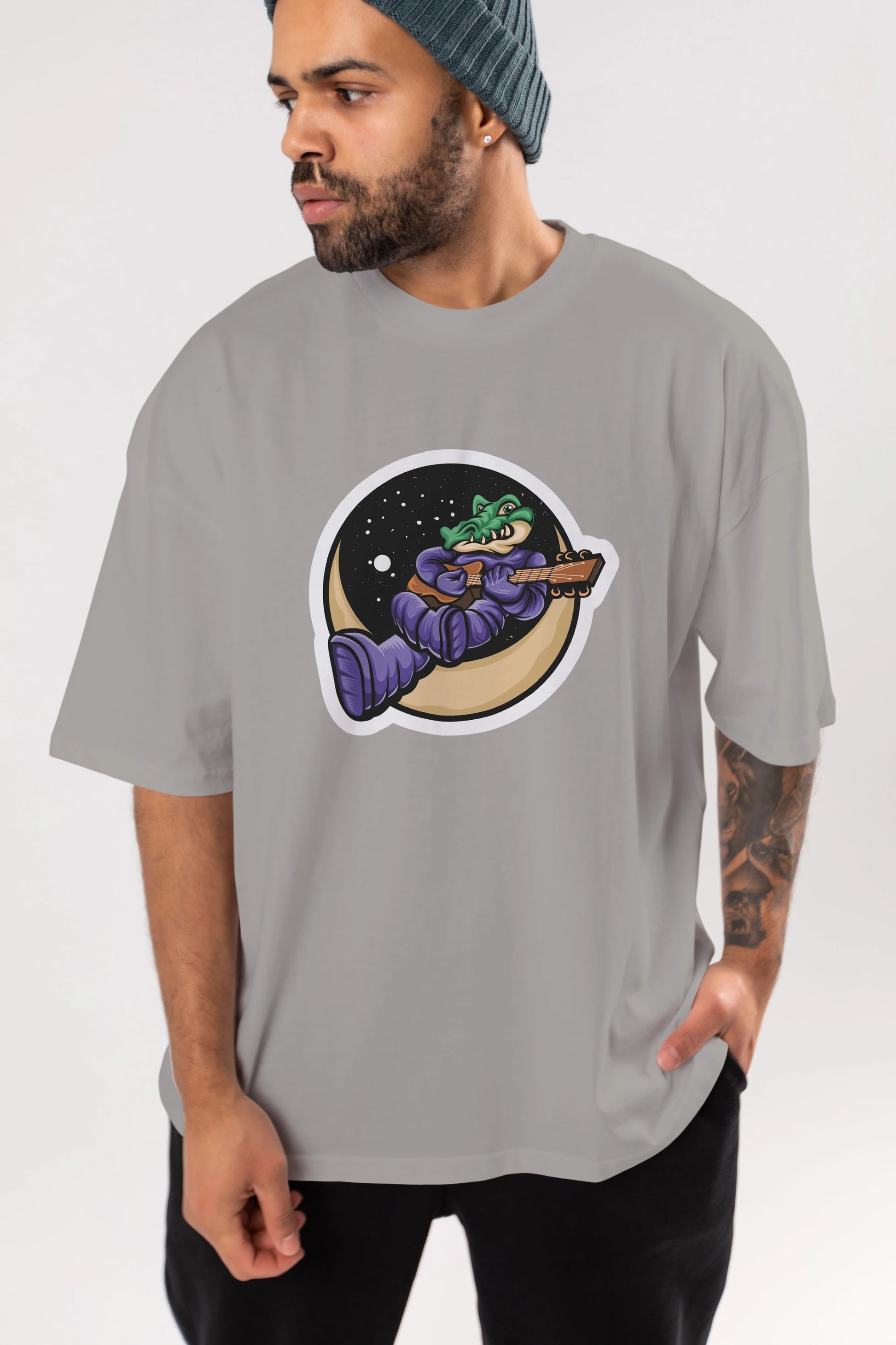 Space Crocodile Sticker Ön Baskılı Oversize t-shirt Erkek Kadın Unisex