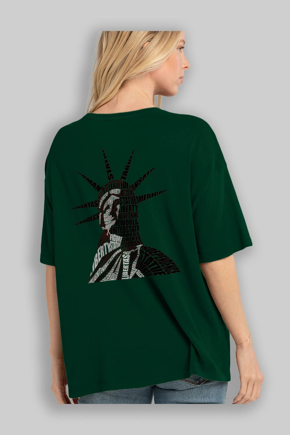 Liberty Statue Calligram Arka Baskılı Oversize t-shirt %100 pamuk Erkek Kadın Unisex