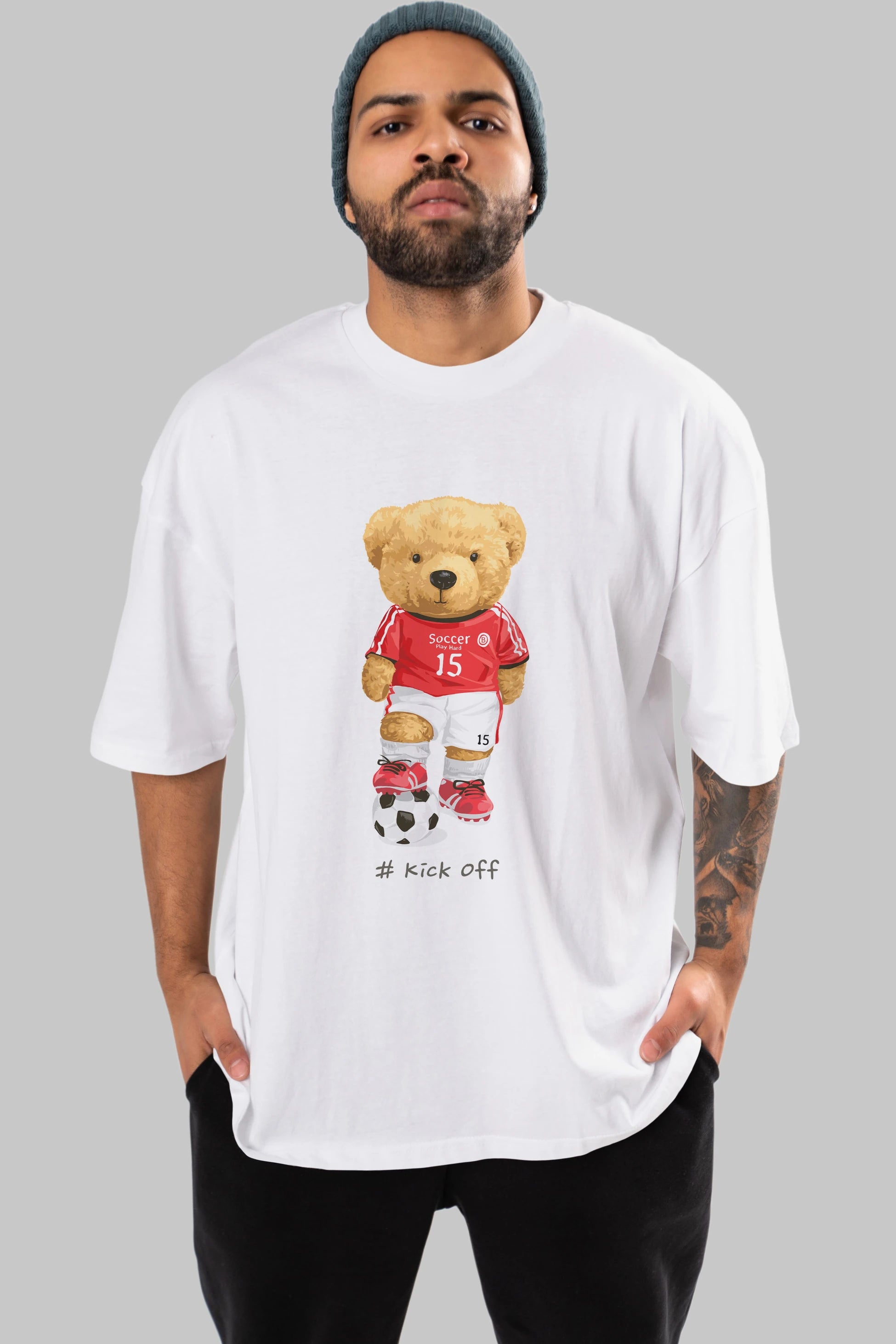 Teddy Bear Kick Off Ön Baskılı Oversize t-shirt Erkek Kadın Unisex %100 Pamuk