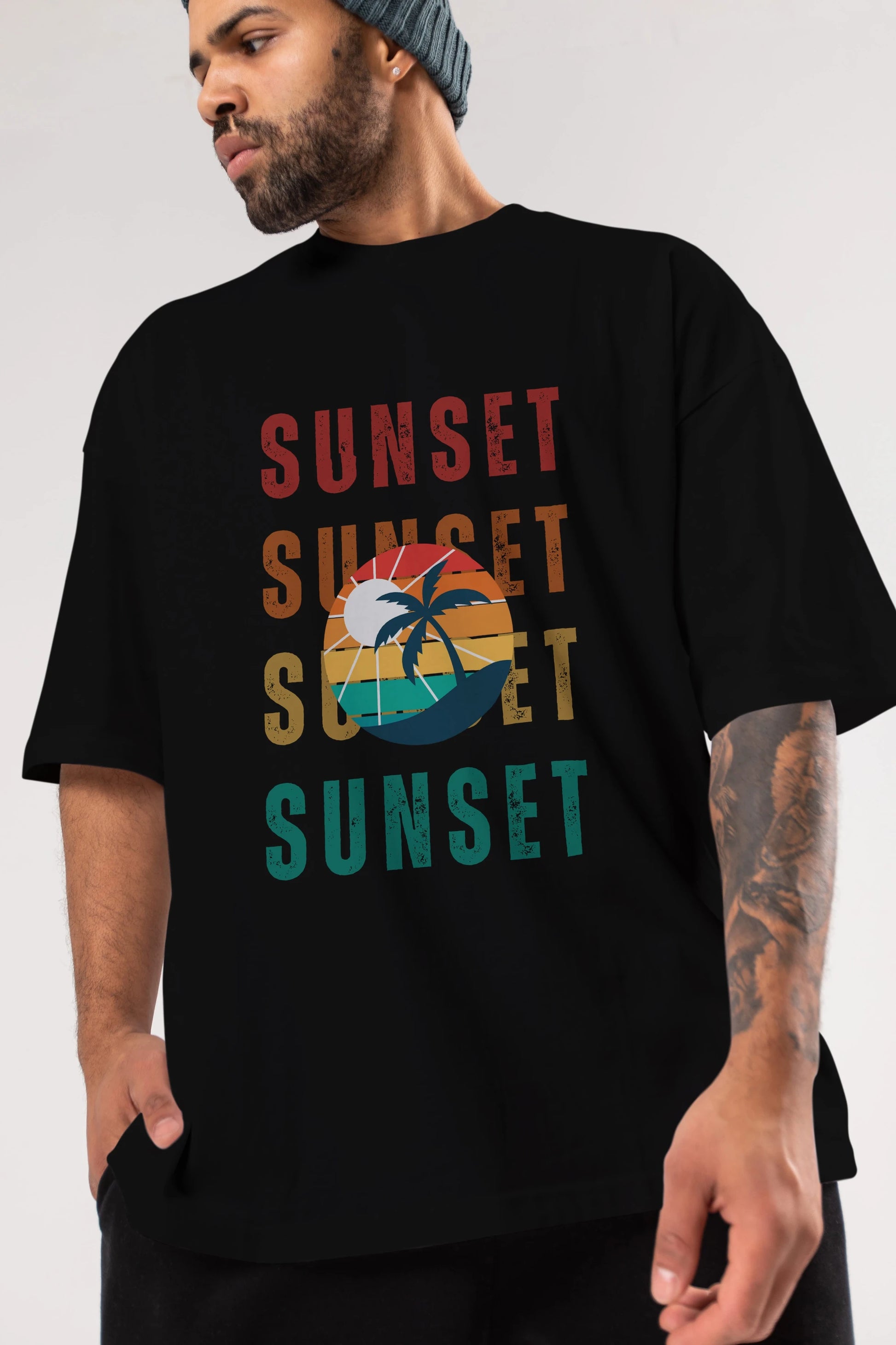 Sunset Yazılı Ön Baskılı Oversize t-shirt Erkek Kadın Unisex