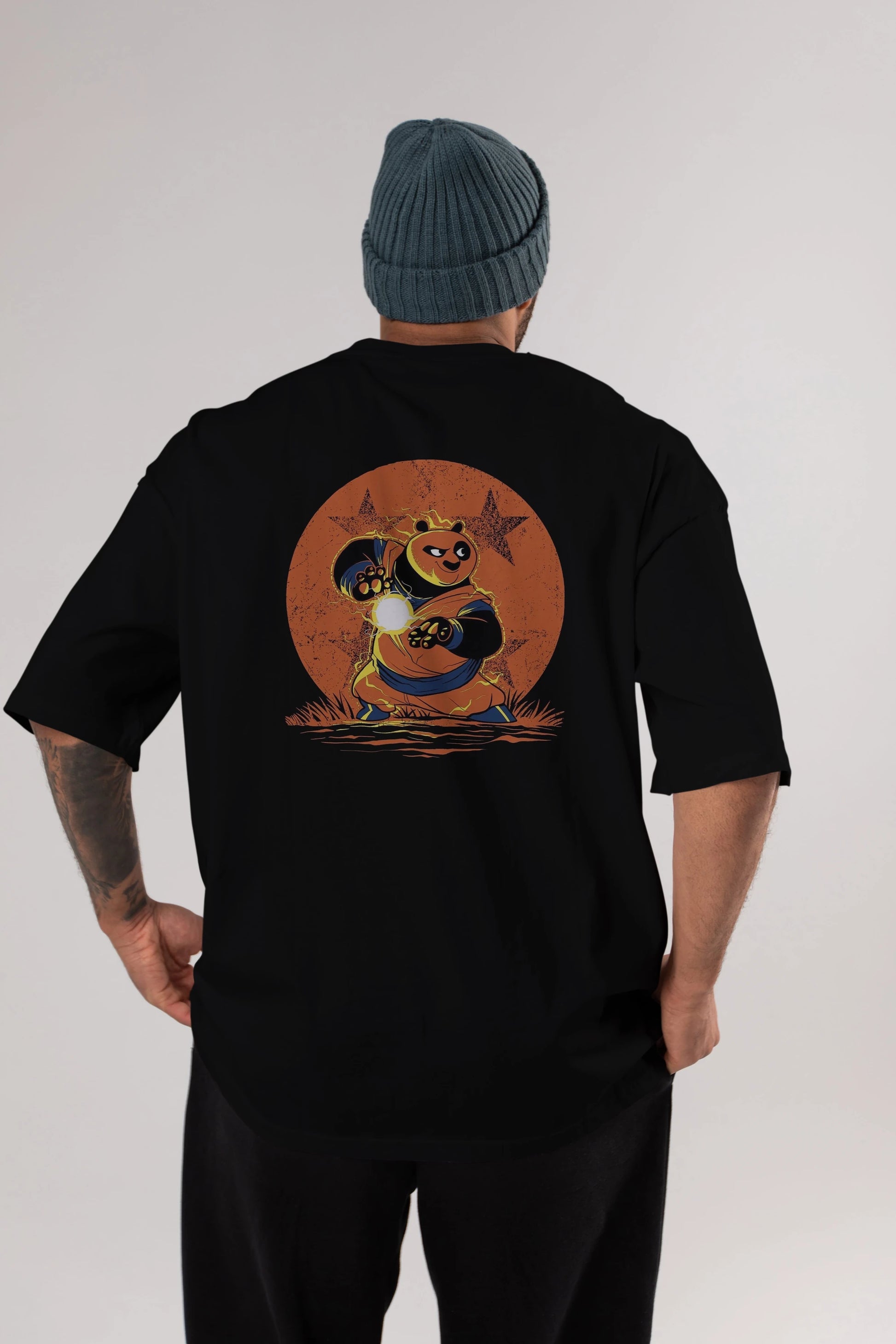 Kung Fu Panda Arka Baskılı Oversize t-shirt Erkek Kadın Unisex %100 Pamuk Bisiklet Yaka tişort