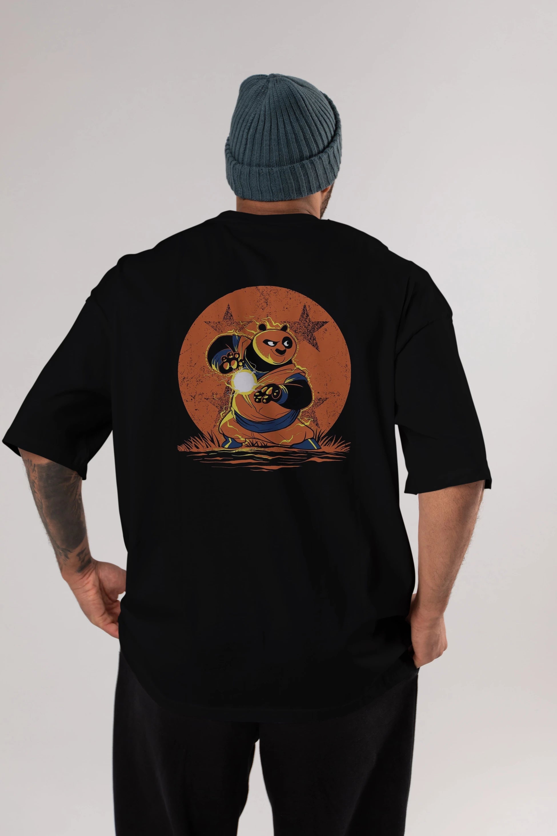Kung Fu Panda Arka Baskılı Oversize t-shirt Erkek Kadın Unisex %100 Pamuk Bisiklet Yaka tişort